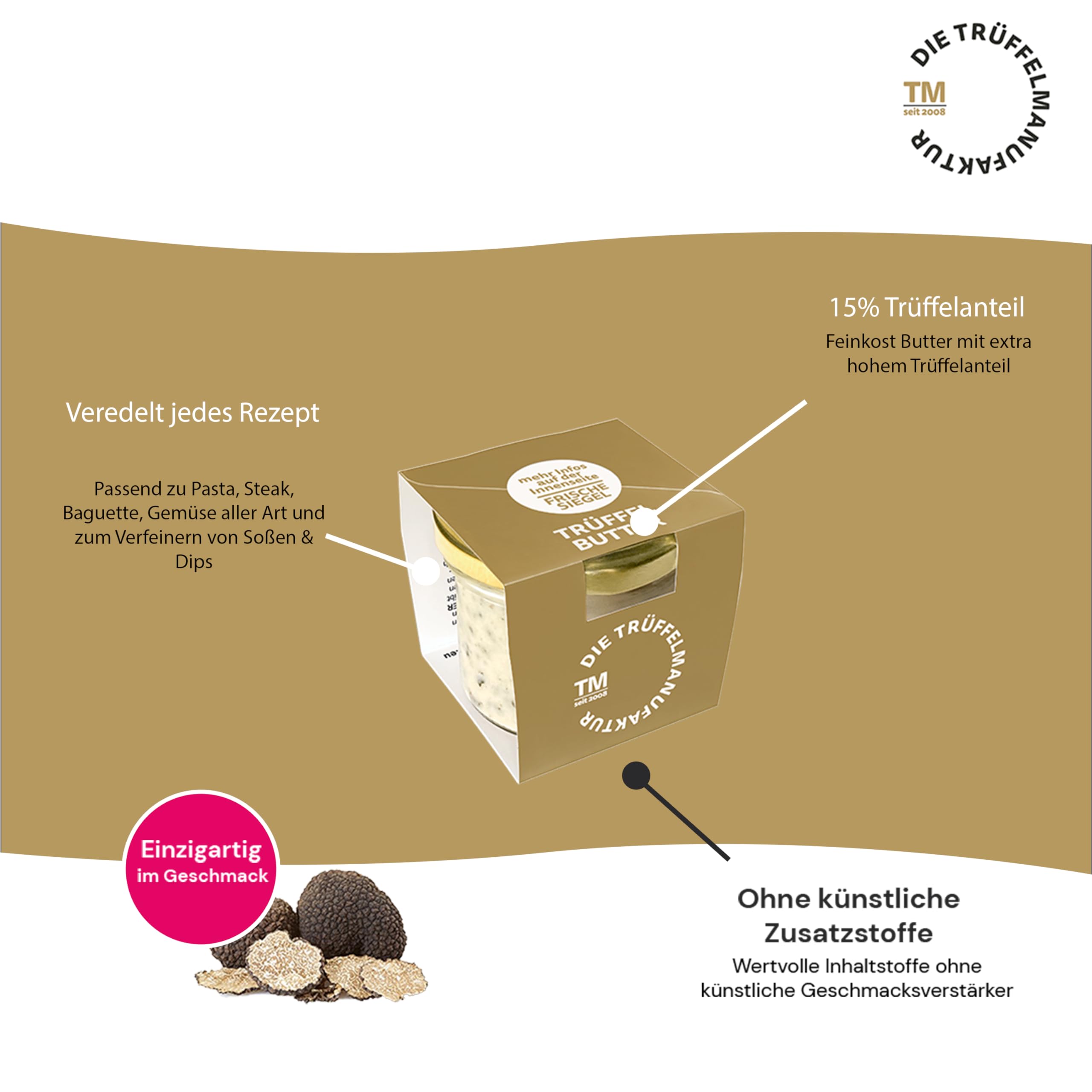 Die Trüffelmanufaktur - Feinkost Trüffelbutter mit 15% echtem frischen schwarzem Trüffel, die Delikatesse für Feinschmecker, weiße Trueffel-Butter im Glas á 95 g