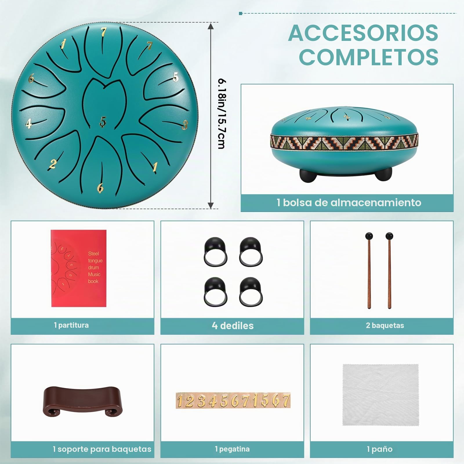 Tambor de Lengua de Acero 6 Pollici e 11 note per Bambini, Strumento a Percussione C-Key Handpan Tambor Rain Drum con Borsa Morbida, Libro di Musica, 2 Mazzuoli per la Meditazione o lo Yoga