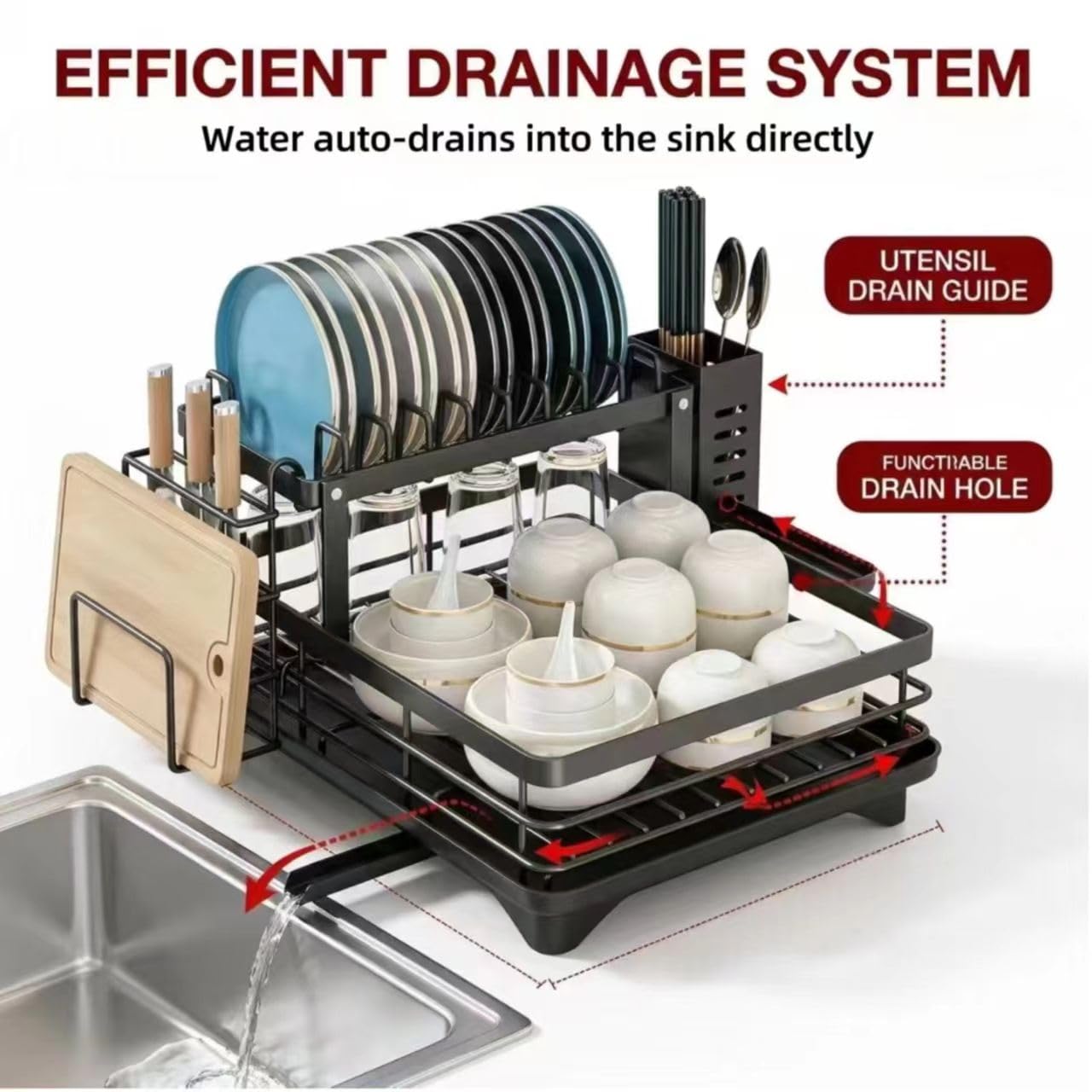 Égouttoir à Vaisselle à 2 Niveaux en Acier Inoxydable avec bac dégouttage Automatique, Porte-ustensiles Amovible et Peu encombrant, Organisateur de comptoir de Cuisine (Noir), pour