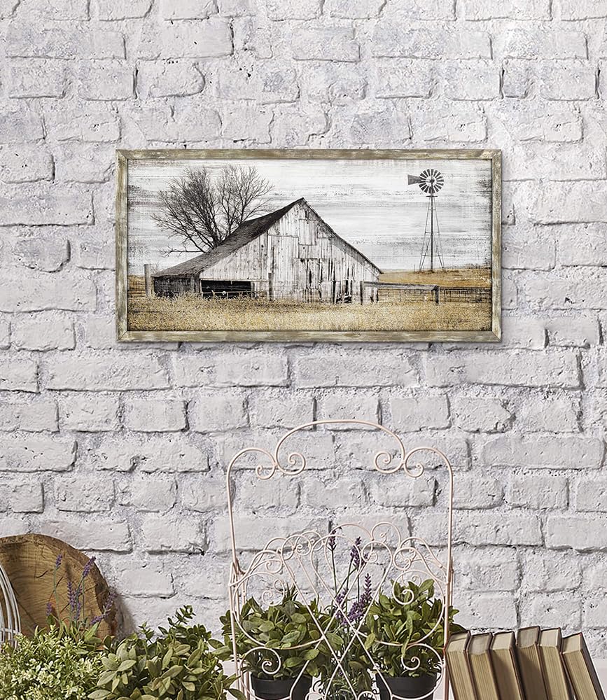 Wandbild Aus Holz Im Bauernhaus-Stil: Gerahmtes Gemälde Mit Scheune & Windmühle, Rustikale Landschaft Für Wohnzimmer Oder Schlafzimmer