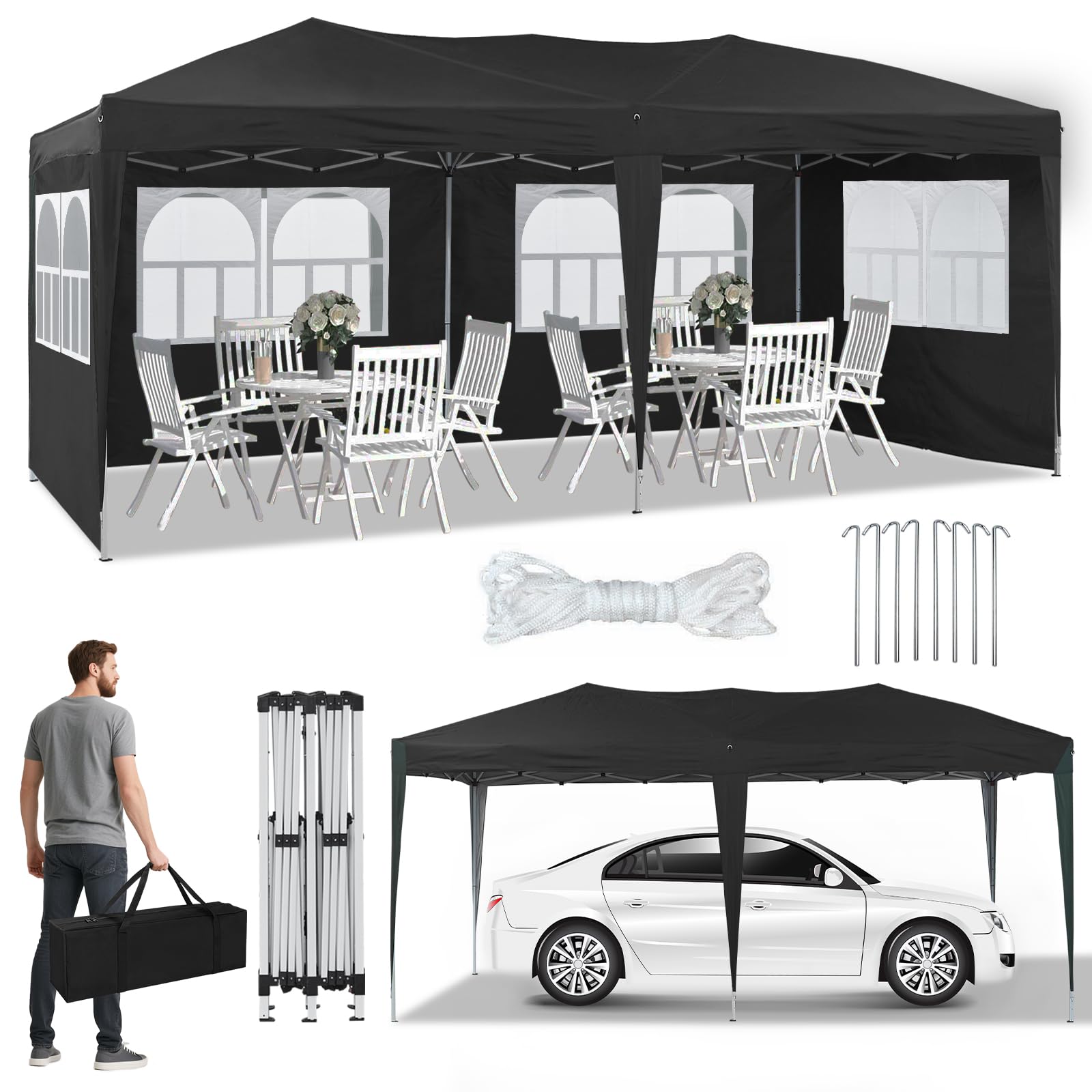 CLIPOP Pavillon 3x6 Faltpavillon, Wasserdicht Stabil mit 6 Seitenteilen, Gartenlauben Partyzelt mit UV-Schutz, Gartenpavillon für Hochzeiten Pavillon für Garten, Party, Festival (Schwarz)