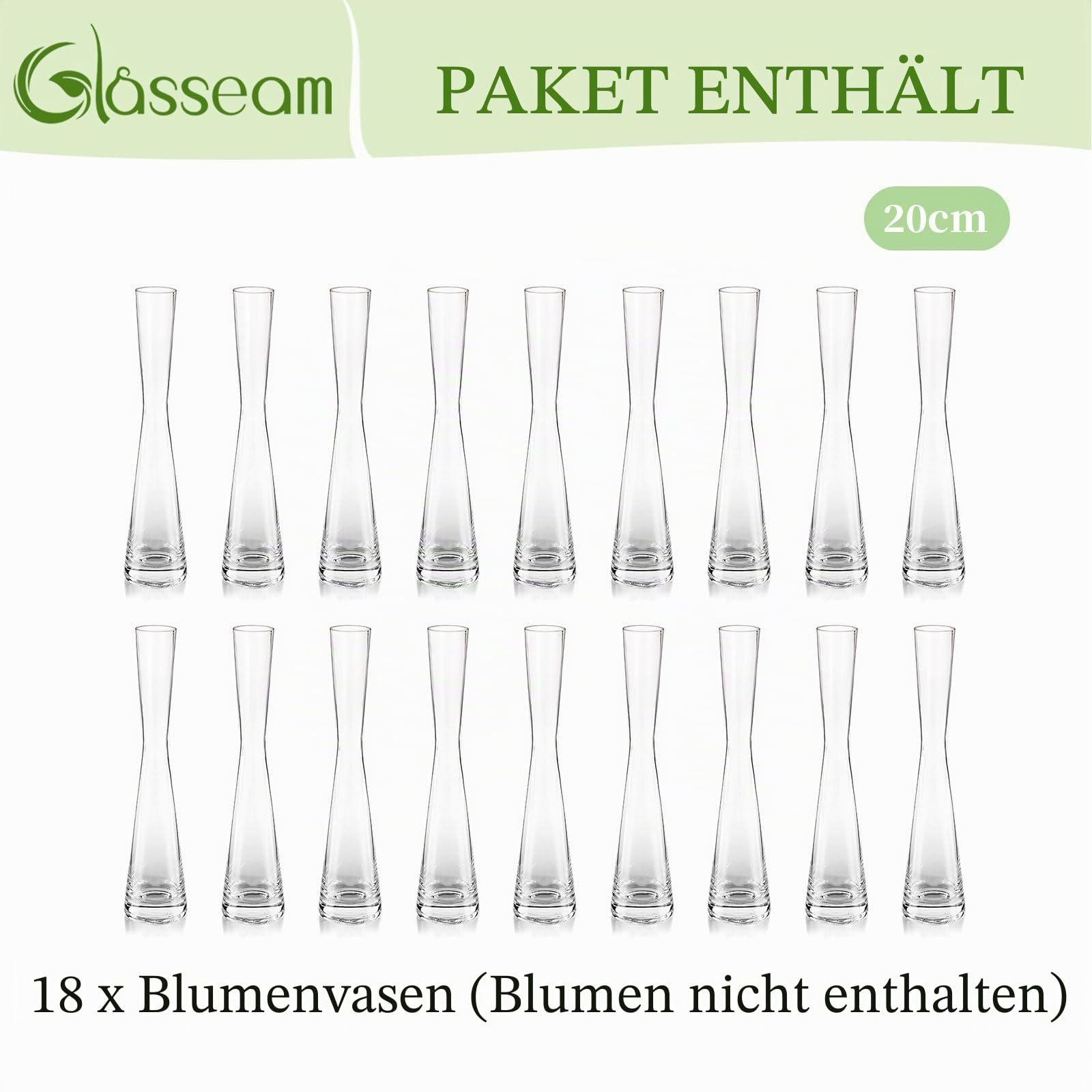Glasseam Glasvase Set für Tafelaufsätze Tischdeko, 18er Klar Vase Glas | 20cm H, Handmade Blumenvase Modern, Schmale Vasen Deko für Blumen Pflanzen Rose Tulpen, Hochzeit, Party, Home, Wohnzimmer