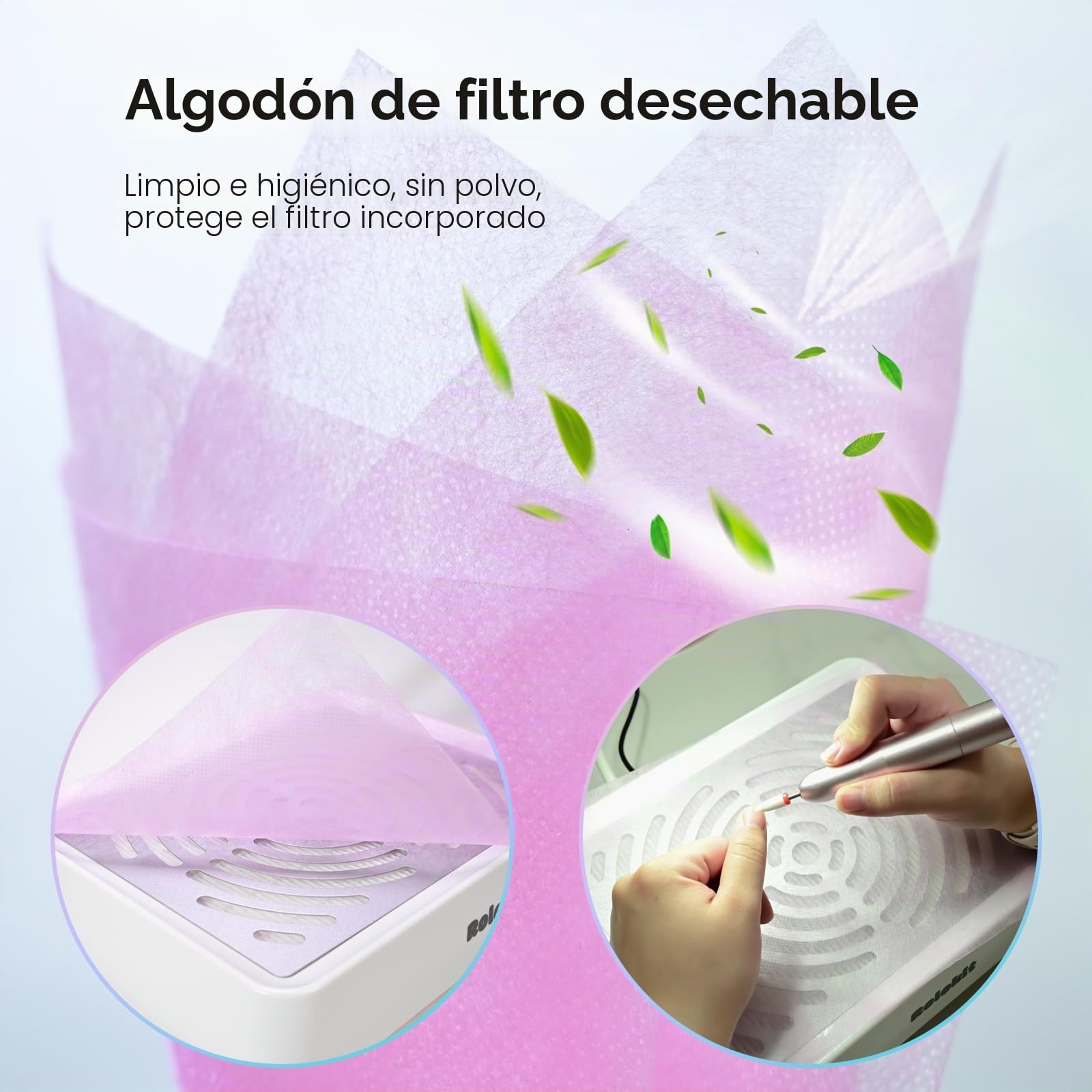 Rolokit Colector de polvo de uñas con lámpara y 50 filtros desechables y cepillo de polvo, aspiradora eléctrica de uñas, ventilador de polvo, máquina de succión para manicura, esmalte de uñas de gel