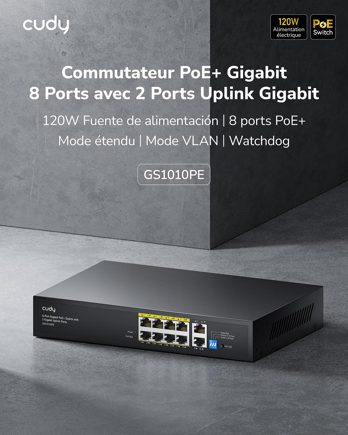 Cudy GS1010PE 10-Port Gigabit PoE+ Commutateur, 120W PoE Marché, 8 PoE/PoE + Ports, 2 Ports Gigabit Uplink, 802.3af/at, sans Ventilateur | Norme IEEE 802.3at/af, Isolation VLAN, PD Watchdog Auto-Recovery, Boîtier Métal Sans Ventilateur, Caméras IP, APs Wi