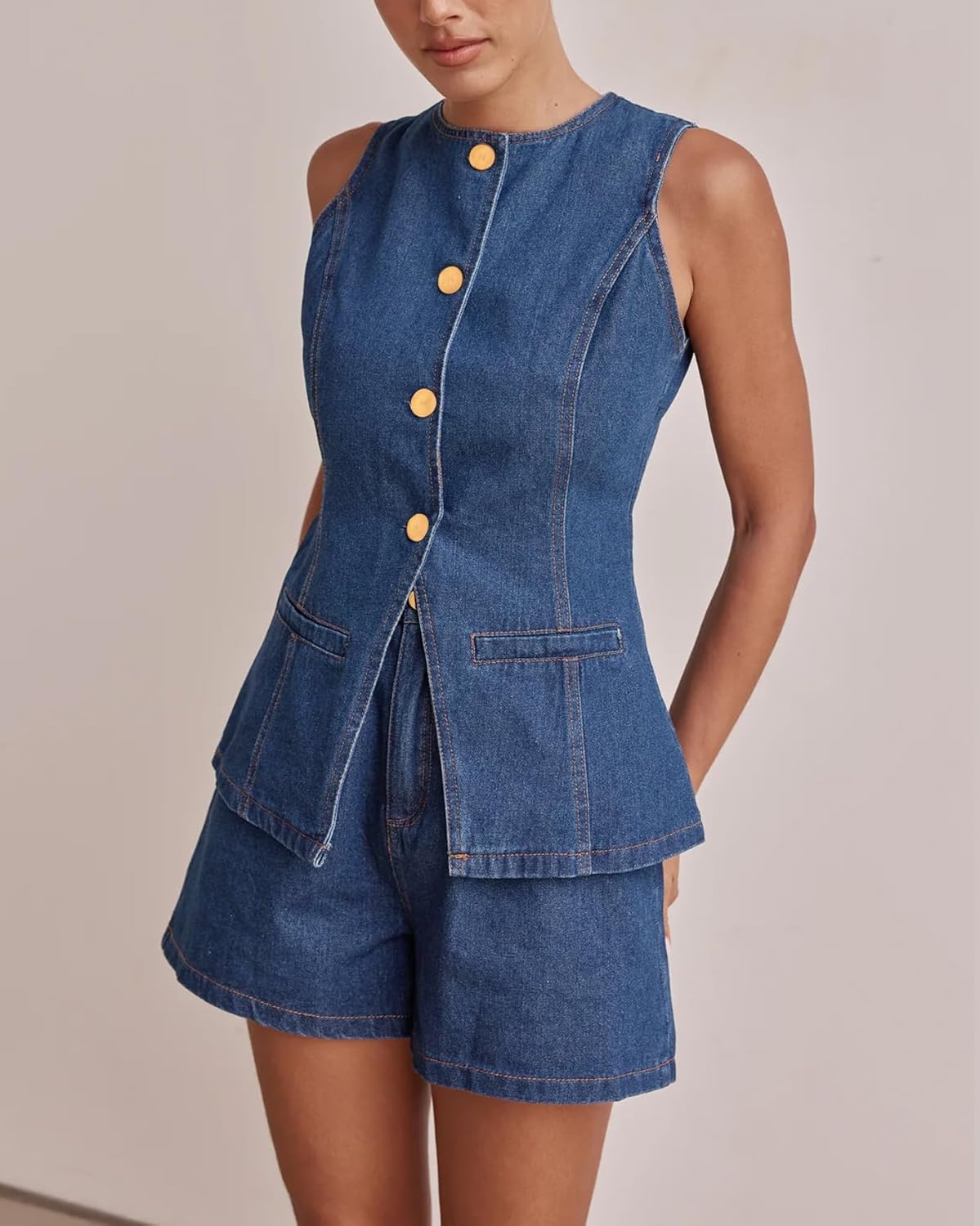 Kedera Women's Button Down Denim Vest Sleeveless Tank Tops Crew Neck Slim Fit Jean Jacket Waistcoat with Pockets - Image 5