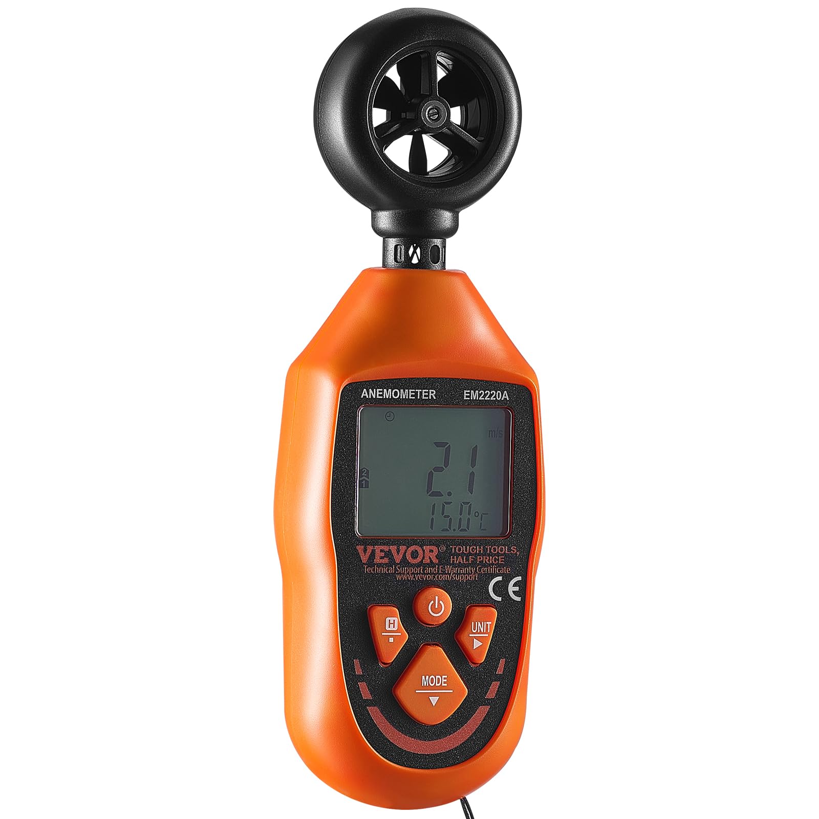 VEVOR Anemómetro Portátil Digital con Pantalla LED -10~45°C Medir Velocidad del Viento Temperatura