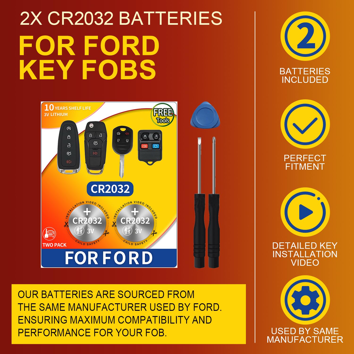 Key Fob Replacement Batteries for Ford (F150 Escape Focus Explorer Fusion Expedition Taurus Fiesta Econoline Flex Edge Transit Mustang Ranger EcoSport) Remote Battery (Pack of 2) (Check Fitment Guide Key Fob Replacement Batteries for Ford (F150 Escape Focus Explorer Fusion Expedition Taurus Fiesta Econoline Flex Edge Transit Mustang Ranger EcoSport) Remote Battery (Pack of 2) (Check Fitment Guide