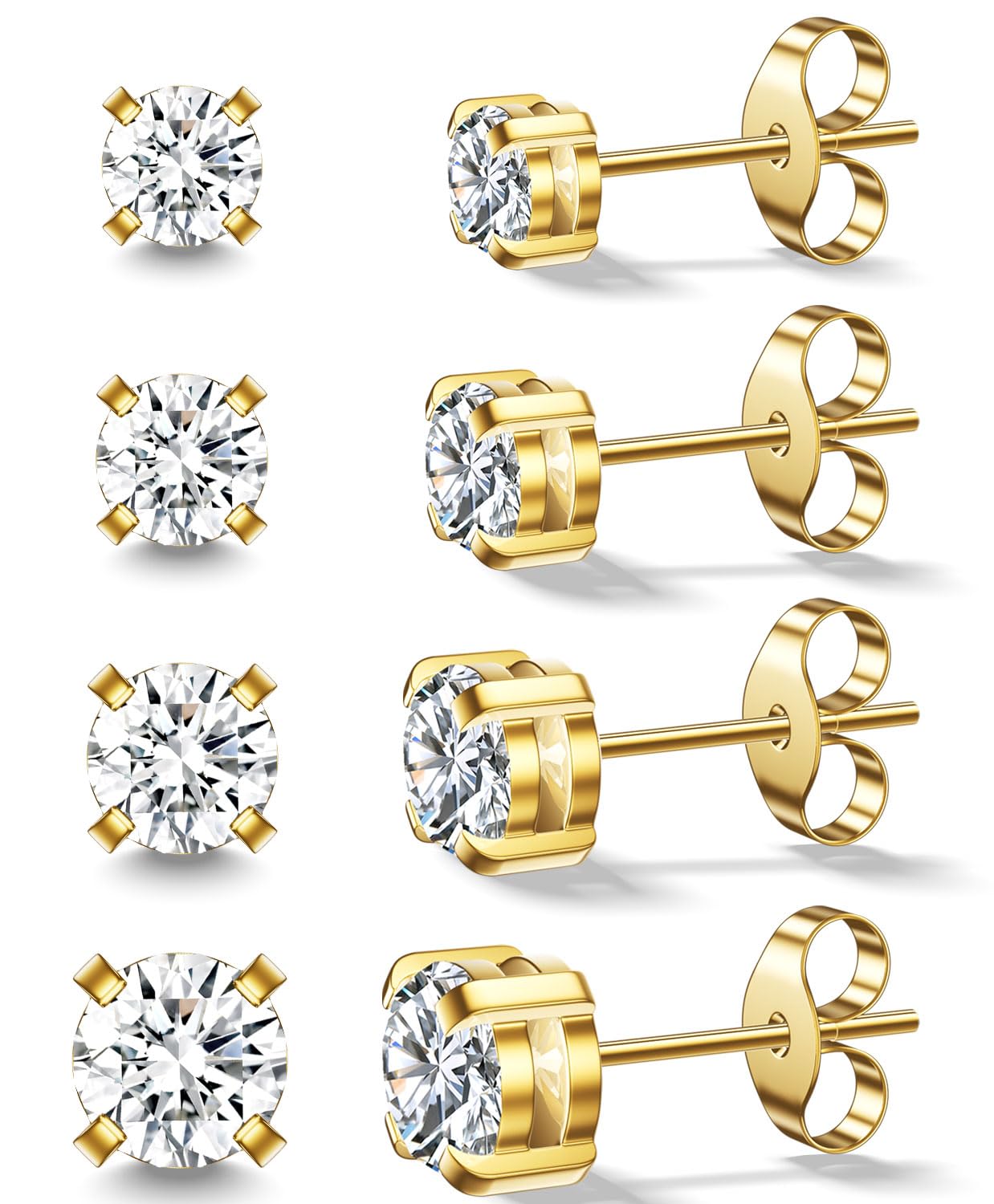 Gold Pearl Stud Earrings Set for Women, 7 Pairs (3–10mm), Hypoallergenic with Soft Silicone Comfort Backs, No Hair Pulling, Includes Extra Metal Backs, Classic Minimalist Jewelry