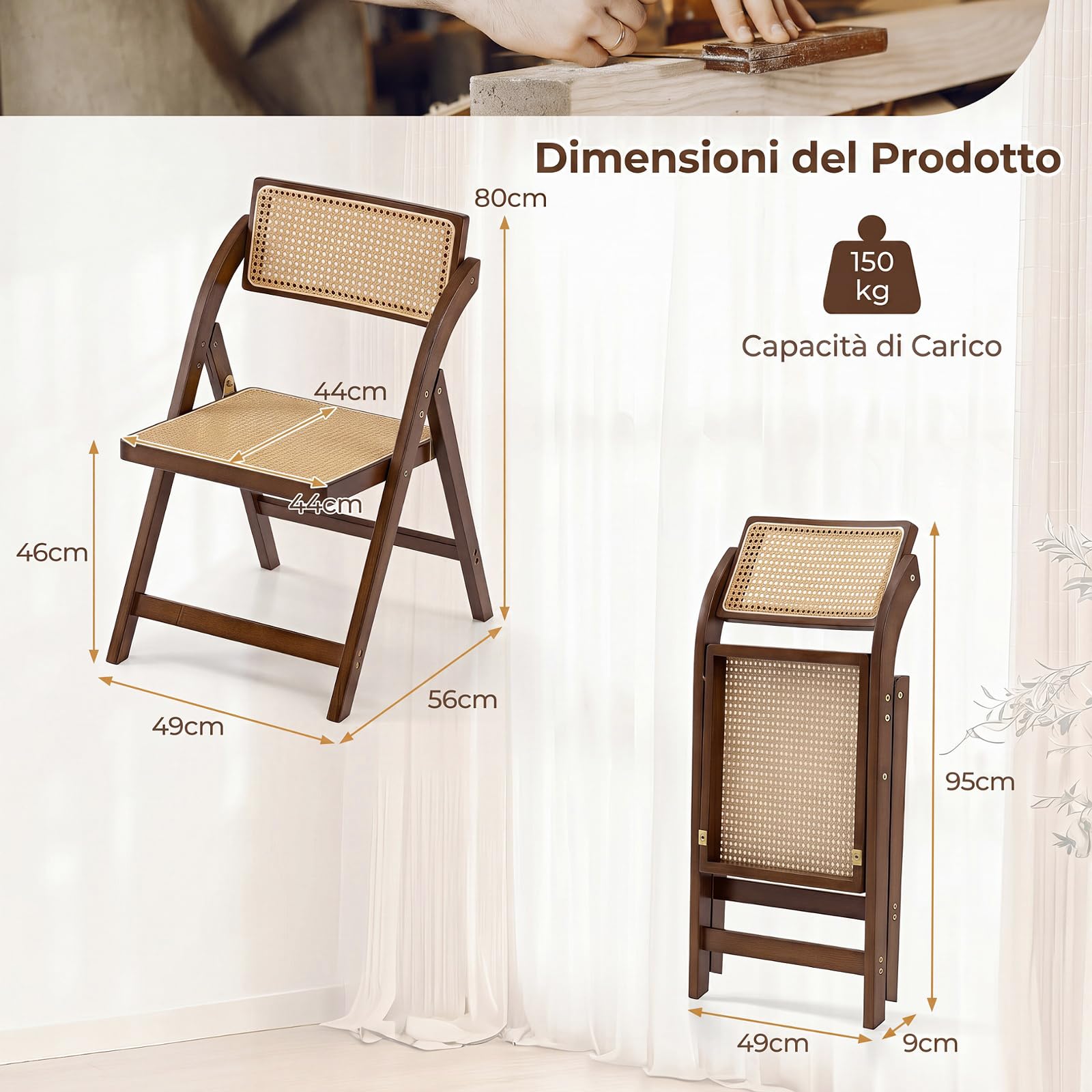 COSTWAY Set di 2 Sedie Pieghevoli da Pranzo in Rattan e Bambù (Caffè)
