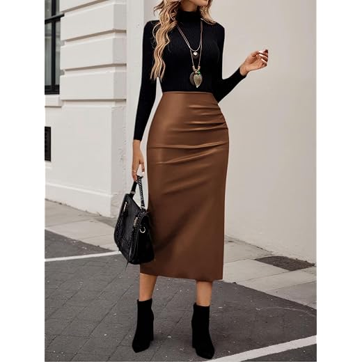 Saia midi feminina de couro sintético, saia lápis colado ao corpo franzida, cintura alta, casual, para escritório, festa, comprimento médio