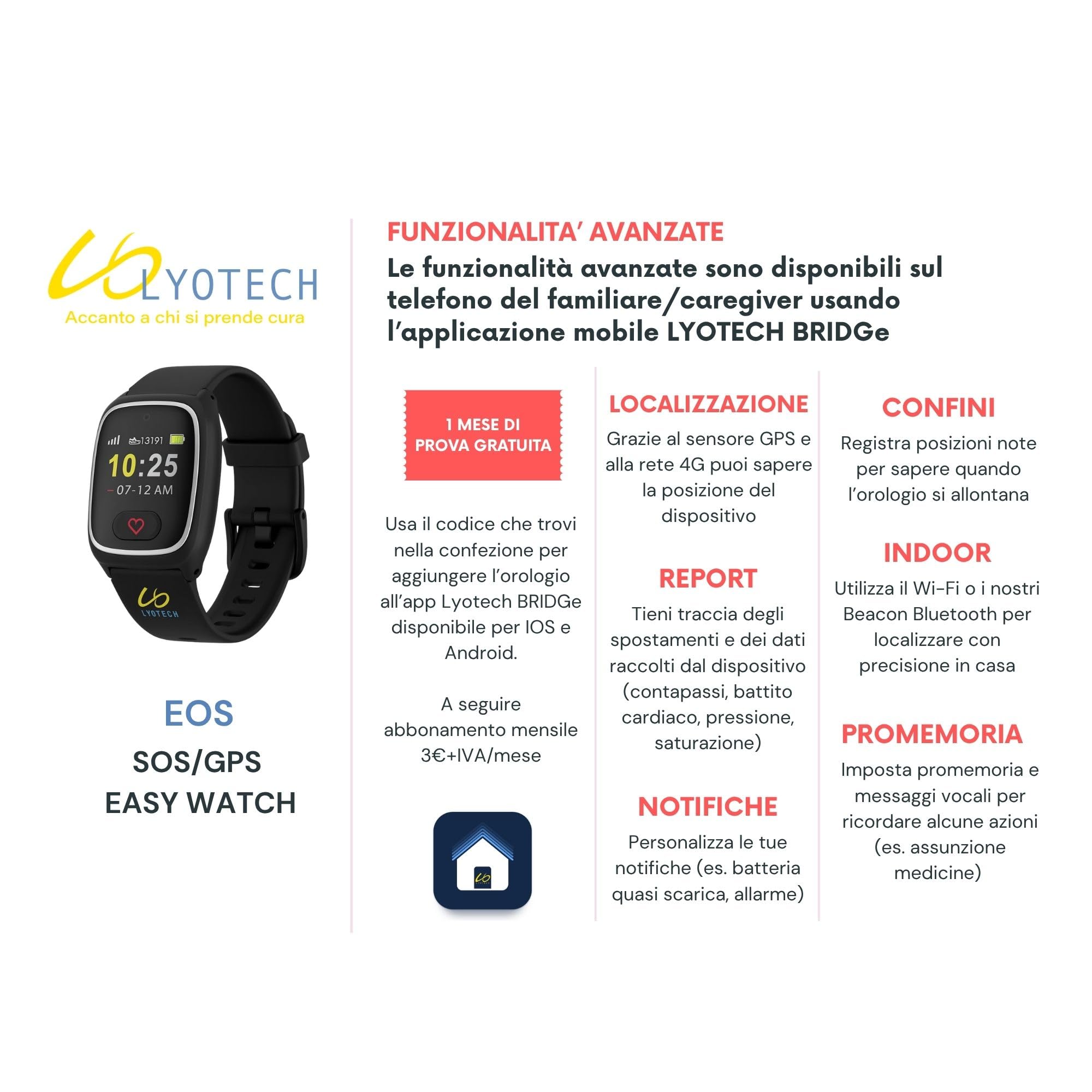 EOS Orologio SOS 4G con Chiamate | Localizzazione GPS | Rilevazione Caduta | Battito, Pressione, SpO2, Contapassi | Rubrica e Chiamate Autorizzate | App BRIDGe (opzionale) | Per anziani