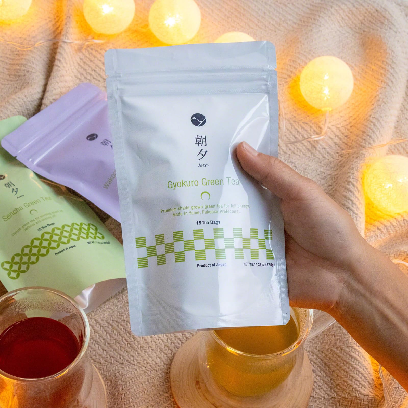 Asayu Japan Tè Verde Giapponese Gyokuro15 Bustine - Tè Verde Giapponese Premium Coltivato all'Ombra 2,5 gr x 15 bustine per Energia e Sprint Mattutino (Tè Verde Gyokuro)