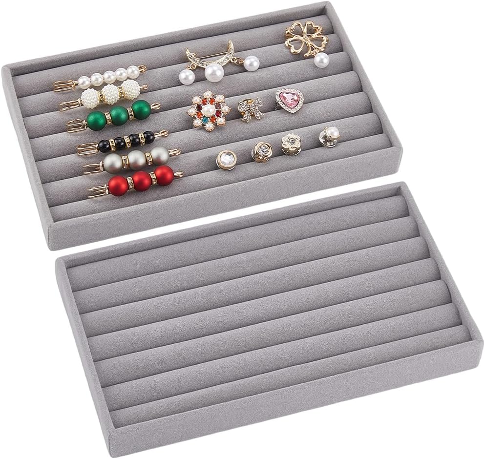 2Pcs Ring Display Tray Gray Jewelry Tray Velvet Small Rectangle Flat Accessories Stackable Showcase Holder Box Drawer Organizers Earrings Rings Showcase for Shop Store Selling Home Storage