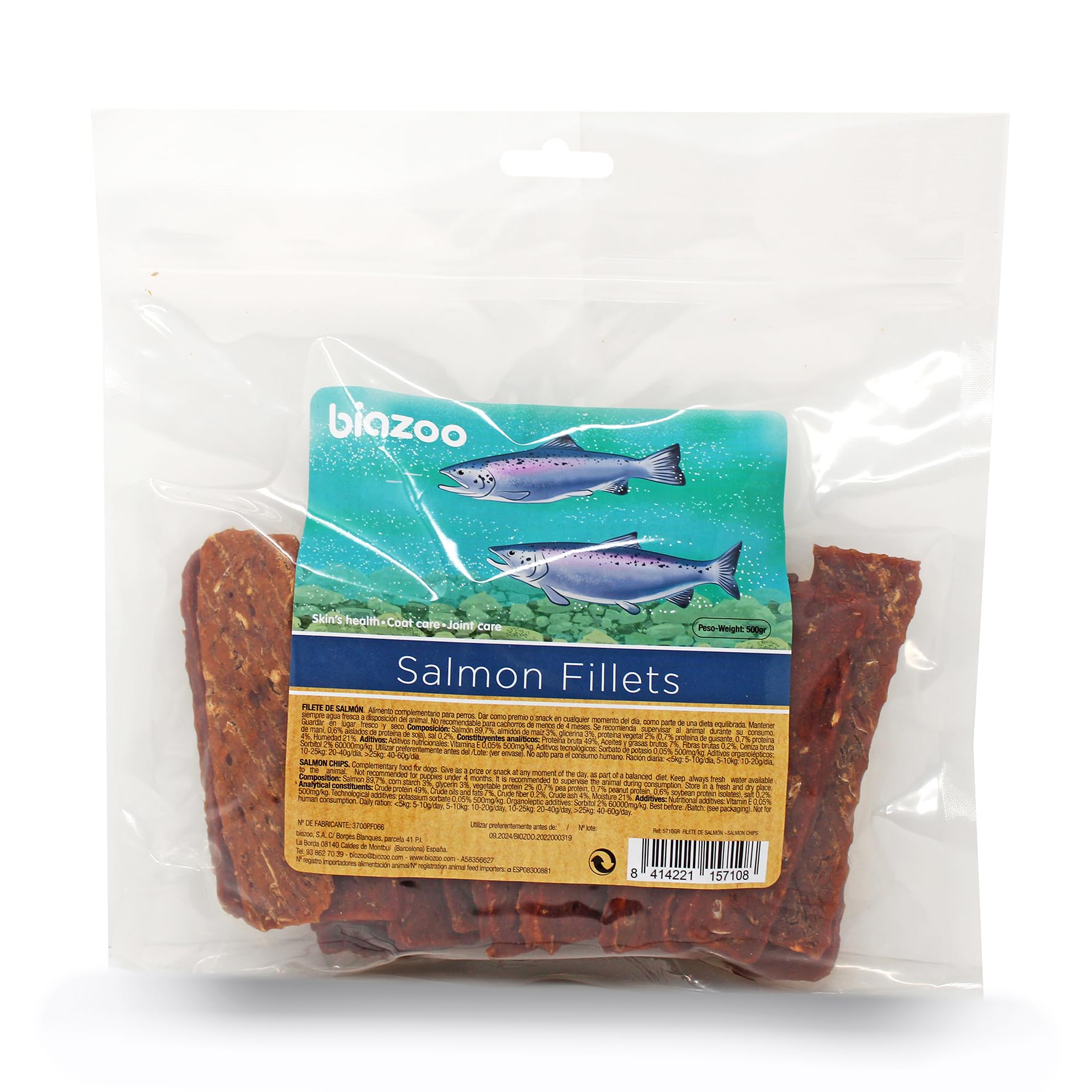 Biazoo Filete de Salmón Desecado 500 grs Snacks para Perros Apto para Todas Las Razas y tamaños. Snack Altamente diferible y con Alto Contenido en proteína