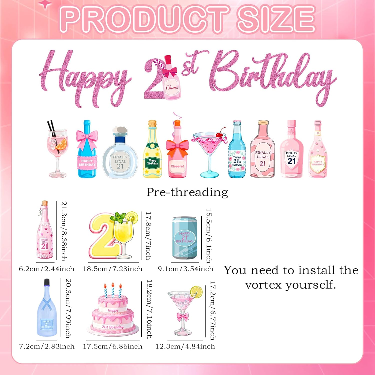 21st Champagne Bottle Happy Birthday Banner Set, Cute Happy 21st Banner Birthday Wine Decorations for Women, Featuring a Vortex Design for Hanging Indoors & Outdoors
