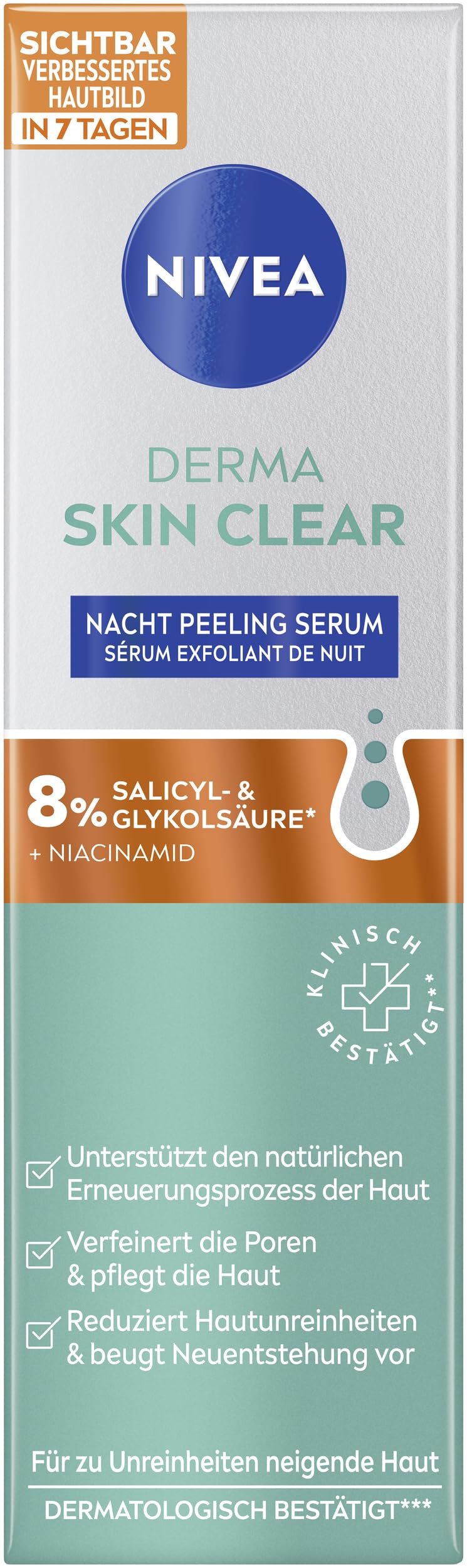 NIVEA Derma Skin Clear Night Exfoliating Serum for Visibly Enhanced Complexion, Niacinamide Exfoliating Serum that Refines Pores with AHA and BHA (40ml)