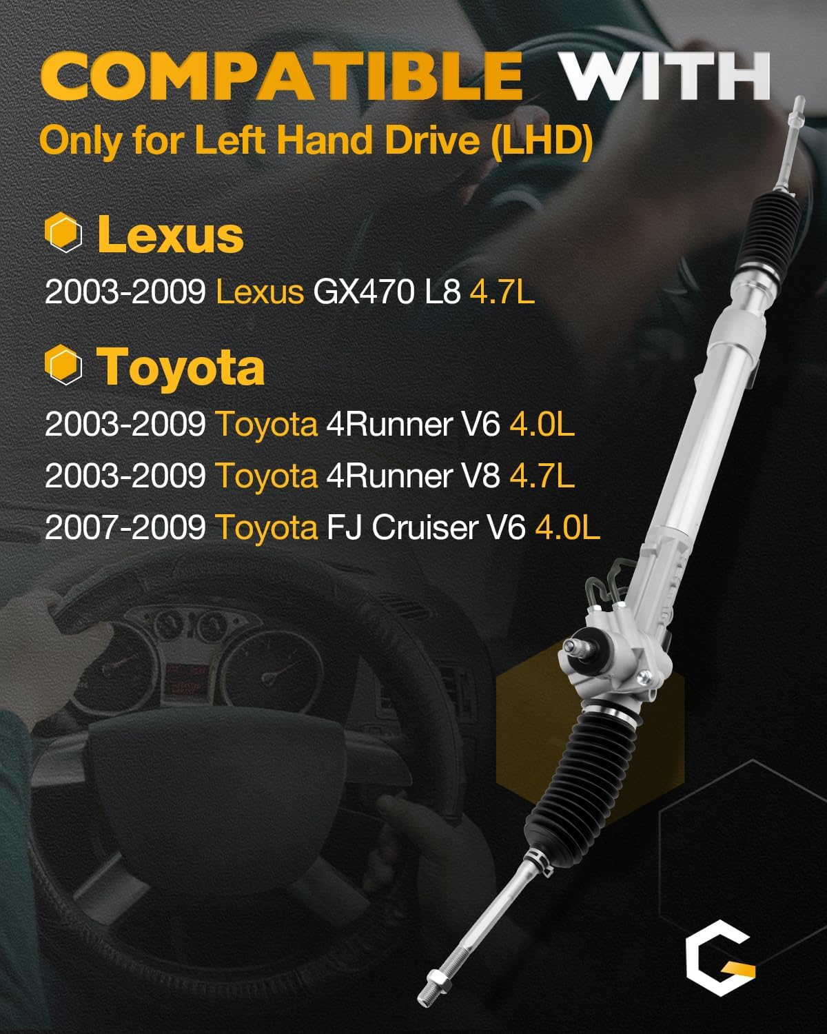 Hydraulic Power Steering Rack and Pinion, Compatible with 2003-2009 Toyota 4Runner 4.0 4.7 L, FJ Cruiser 4.0L, Lexus GX470 4.7L, Rack & Pinion Steering System, OE#26-2624 4550339235 4550339265