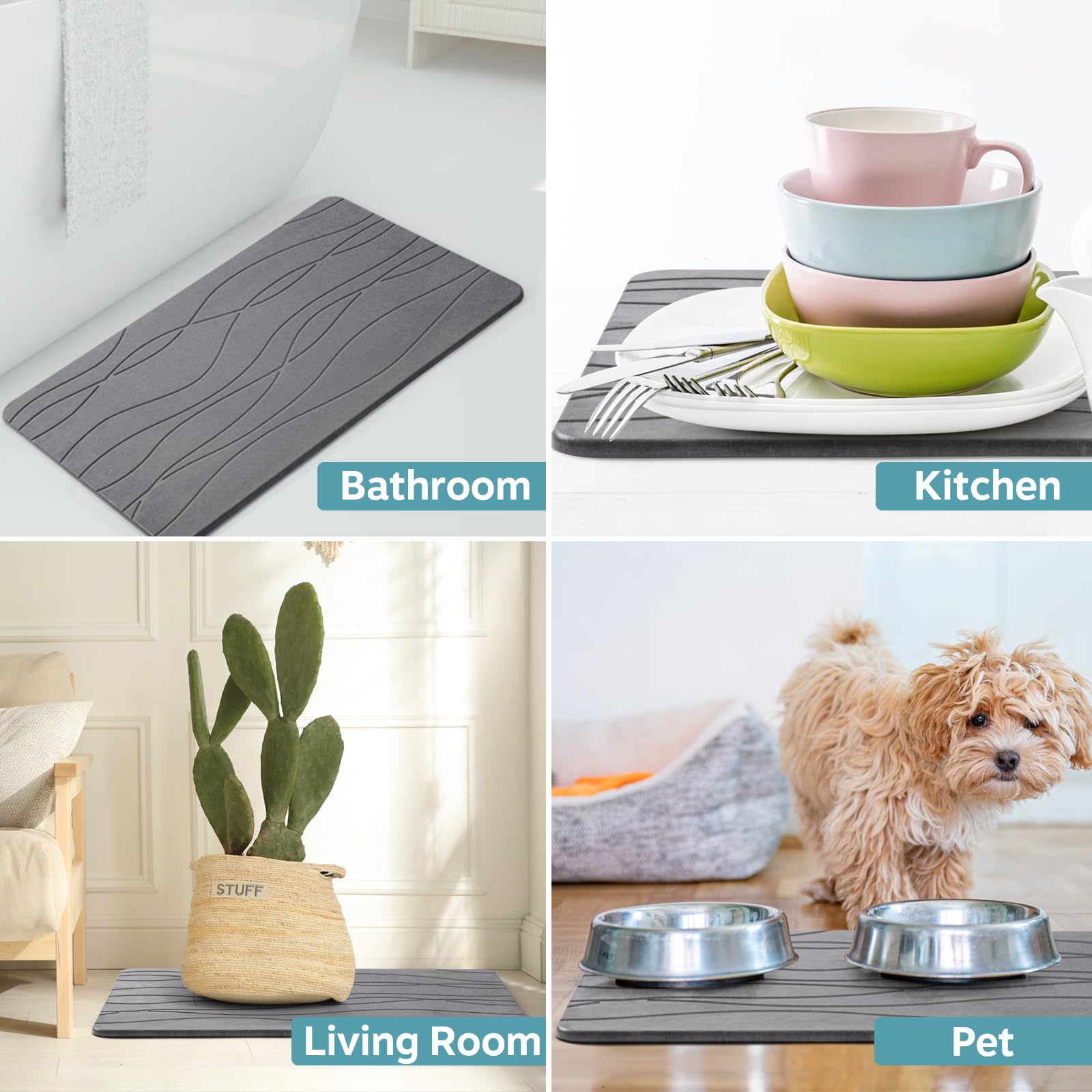 Stone Bath Mat, Anti-Slip Super Absorbent Diatomaceous Earth Shower Mat, Fast-Drying Mat for Kitchen Counter, Tub & Bathroom Floor, Home Decor 60 x 39cm (Dark Gray)