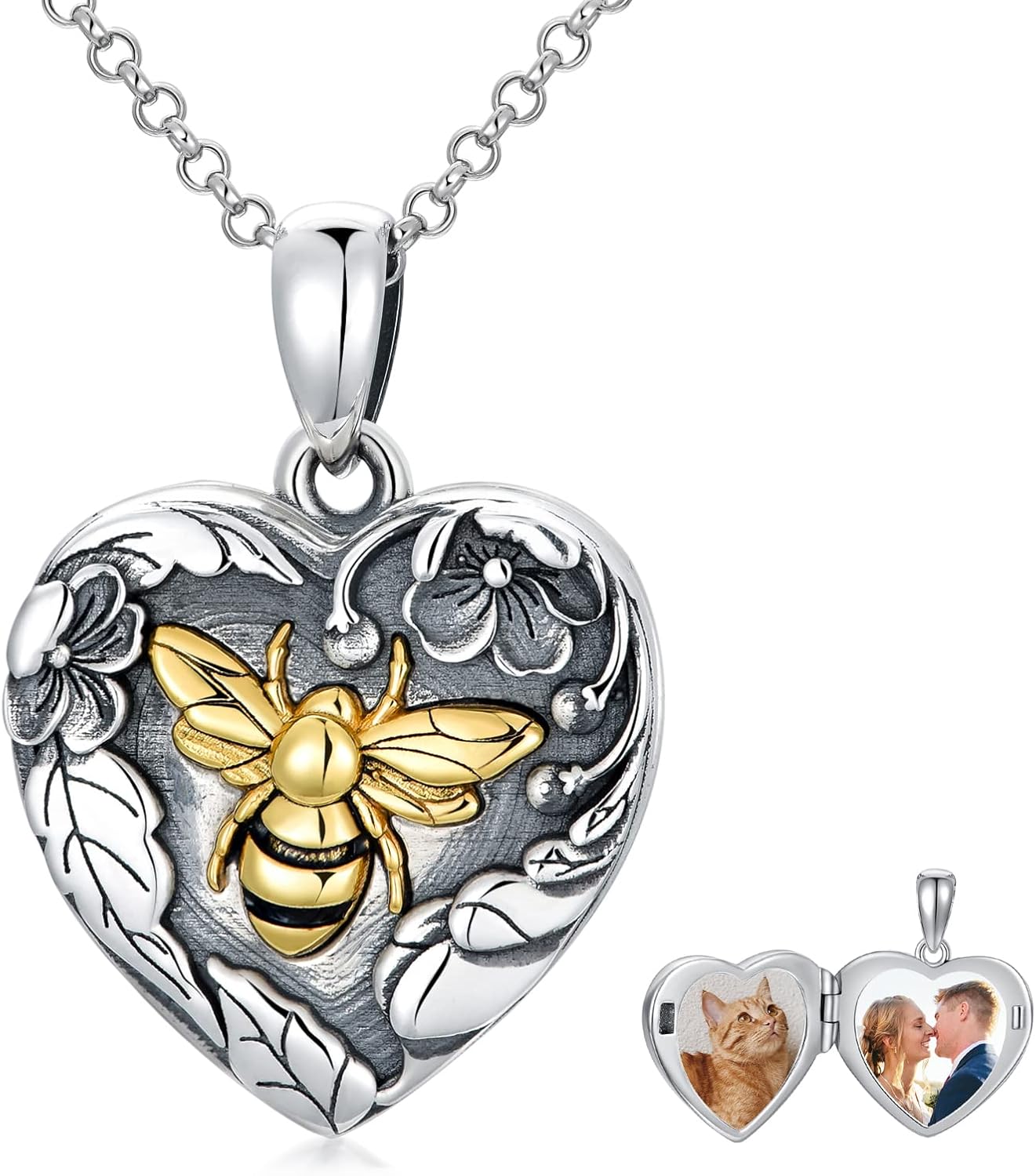 PROESS Sterling Silver Bee/Fairy Locket Necklace for Women that Hold 2 Pictures with Oxidized Flower Heart Locket Birthday Graduation Jewelry Gift