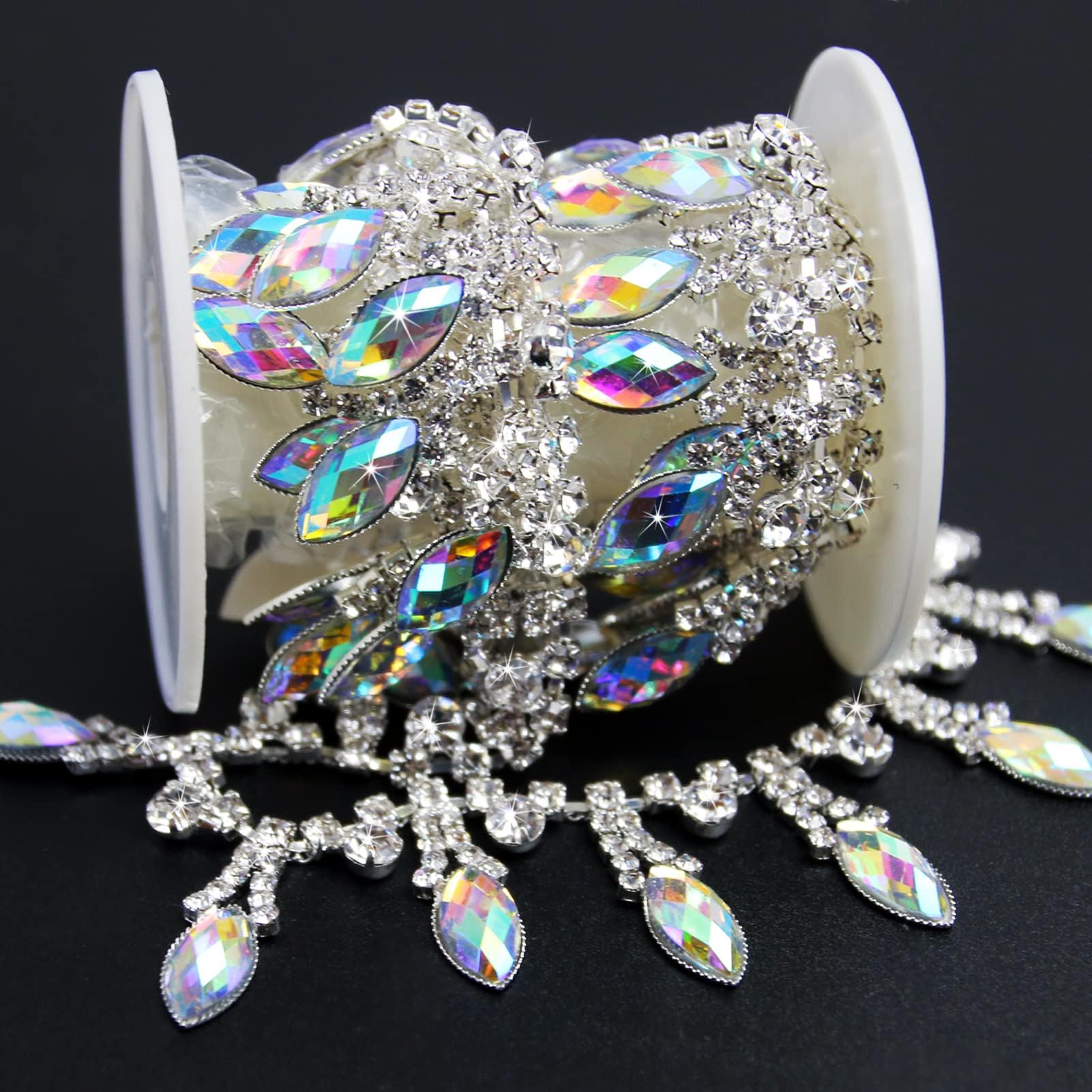 AB Rhinestone Trim Crystal Rhinestone Close Chain Beaded Fringe Dress Applique for DIY Bridal Embellishment, 1 Yard Silver