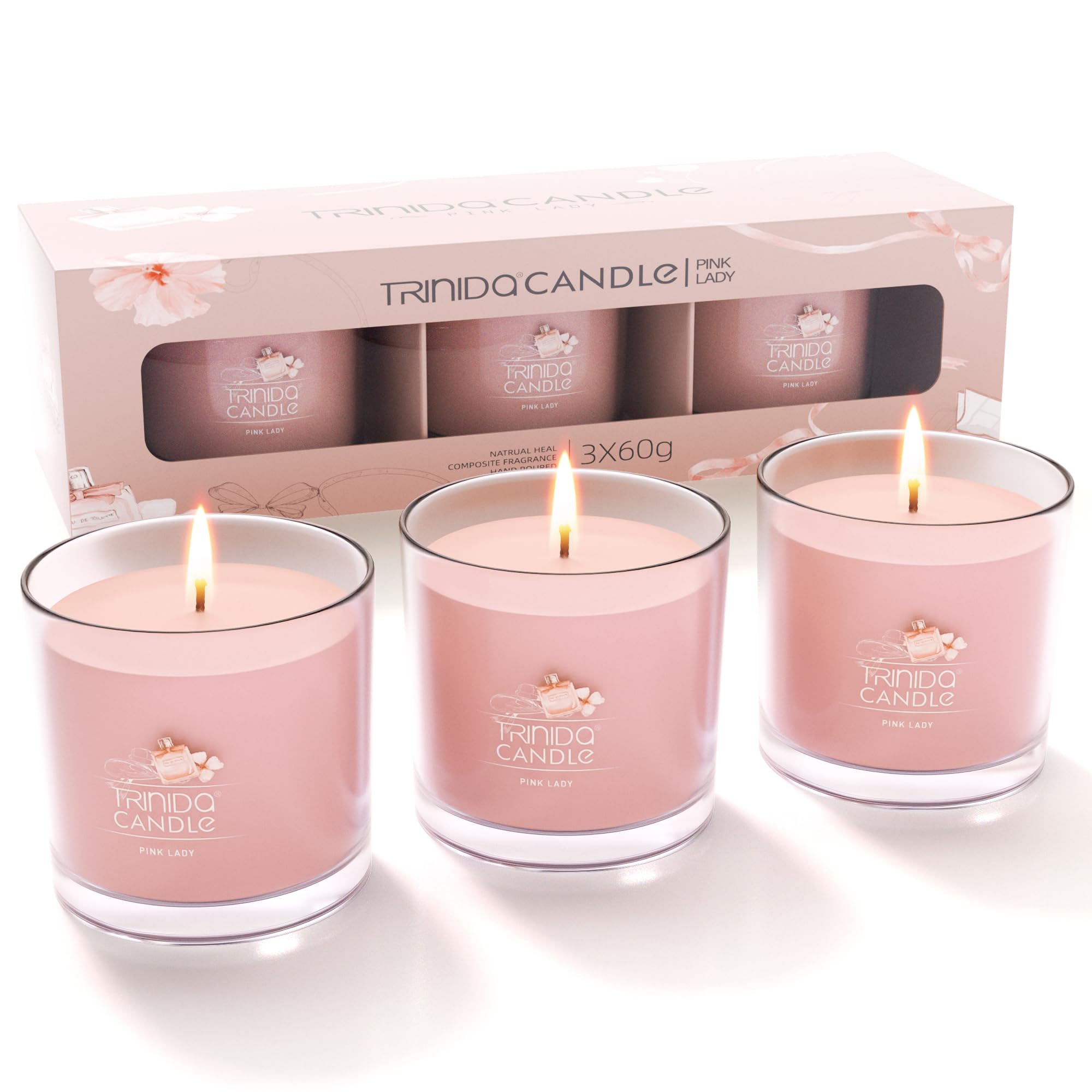 TRINIDa Candles for Women, 3 Scented Candles for Home Scented, 6.3Oz Pink Candle Set, Peach, Jasmine & Vanilla Scented Soy Candle Gifts for Women (+5 Series Options)