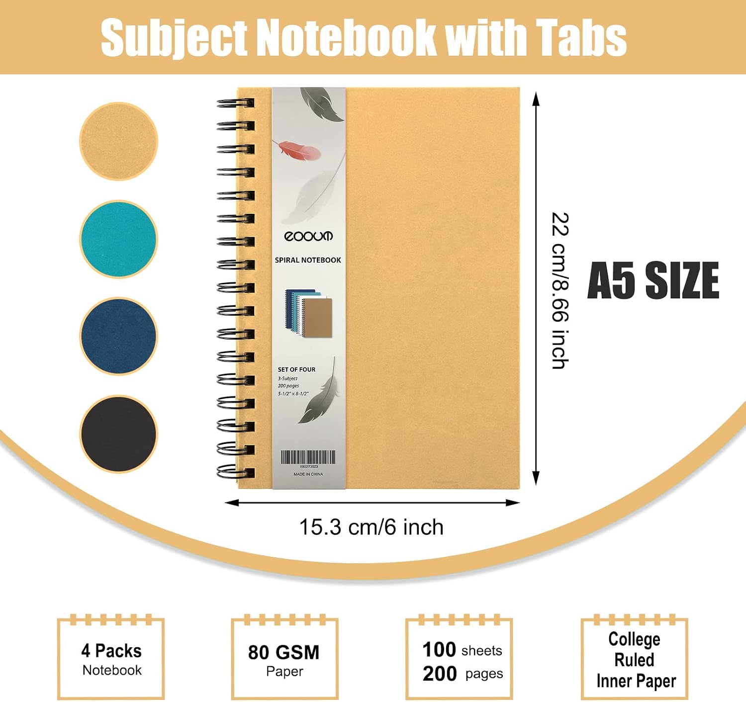 EOOUT 4 Pack Spiral Notebook, Notebook for Work, Hardcover Notebooks, College Ruled, 5.5"x8.5", 100 Sheets/200 Pages, 3 Subject with Removable Dividers, for School Supplies, Gifts