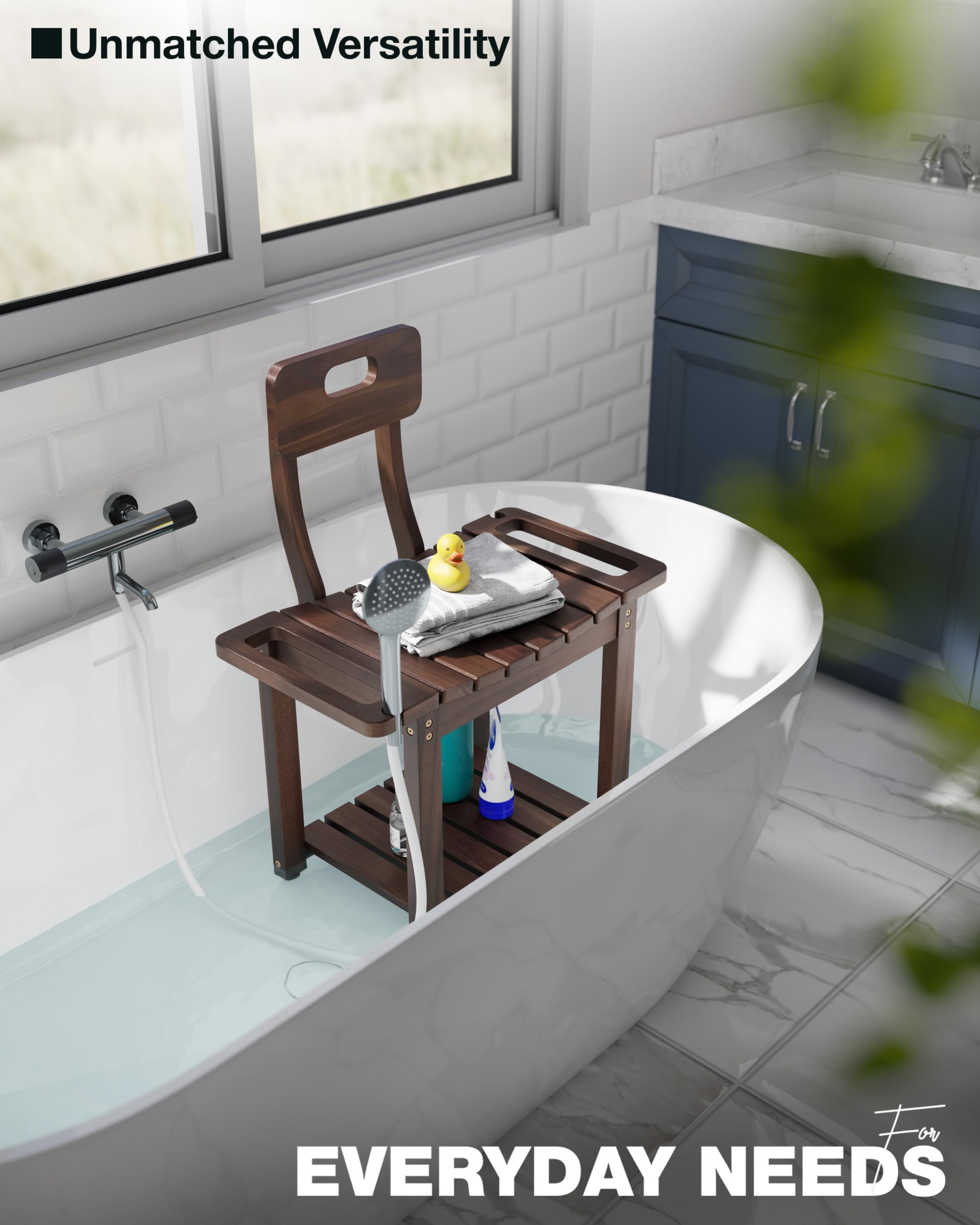 BLUEWEST Duschstuhl mit Rückenlehne, für Innendusche oder Badewanne, strapazierfähig, 204 kg, rutschfeste Füße, Regalaufbewahrung, integrierte Griffe für ältere Menschen oder Erwachsene, Akazie, 60 cm