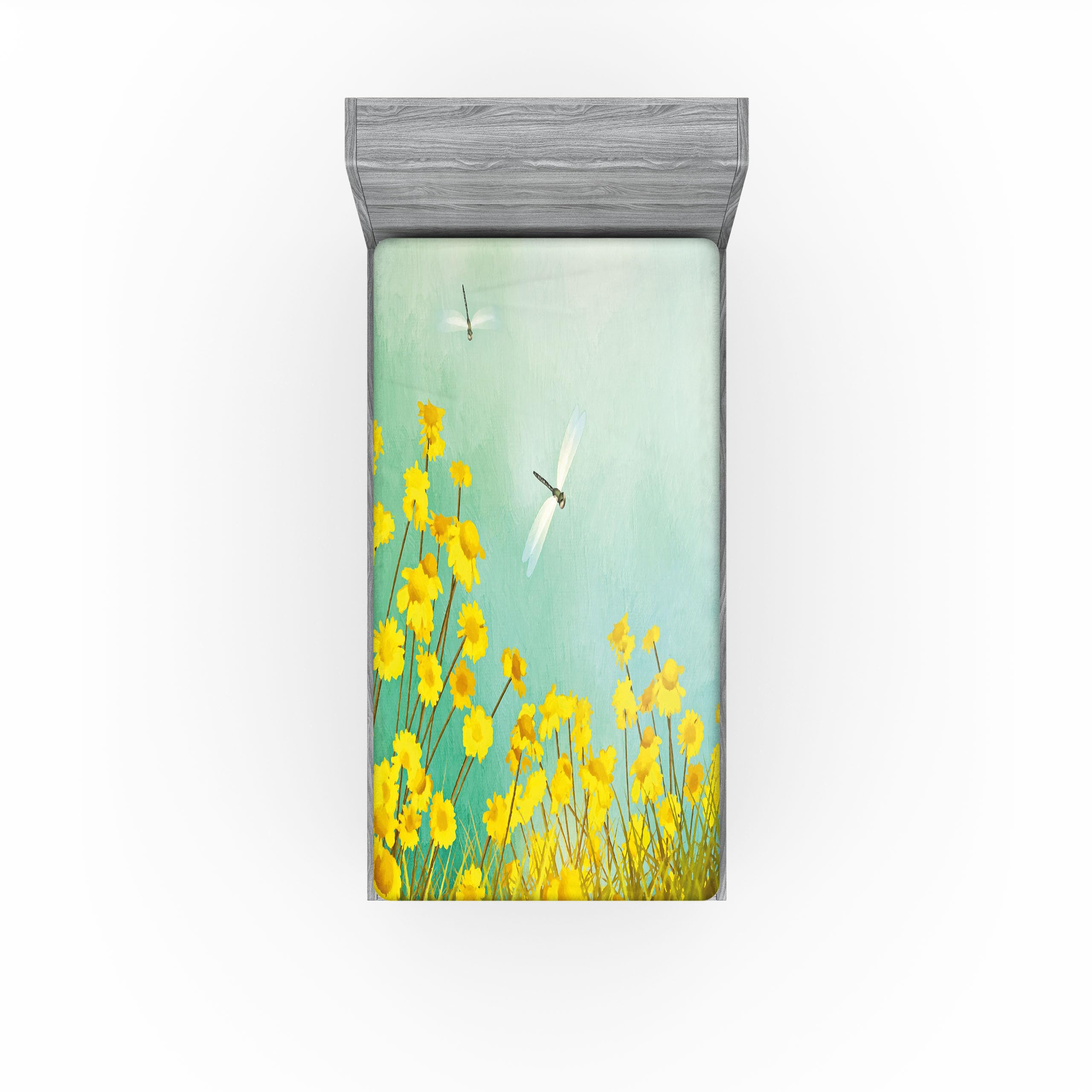 Ambesonne Nature 2 Pack Fitted Sheet, Daisies and Dragonflies, Bed Cover All-Round Elastic Deep Pockets 2 Pieces, Package Contains 2 Twin Size Fitted Sheets, Yellow Green