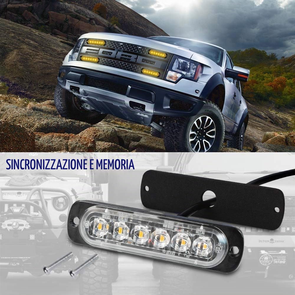 Biutee Luci Stroboscopiche Auto 4pz Ambra, 6 LED 12V-24V | 4 luci stroboscopiche ambra 6 LED, 12V-24V: 18 modalità lampeggio, IP67, per camion, rimorchi, SUV e veicoli da lavoro