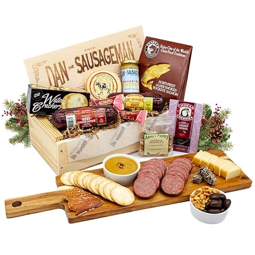 Dan the Sausageman's Favorite Gourmet Gift Basket Featuring Smoked Summer Sausage, Savory SeaBear Salmon, Wisconsin Cheese, Sweet Hot Mustard, and a Reuseable Keepsake Wood Pine Crate