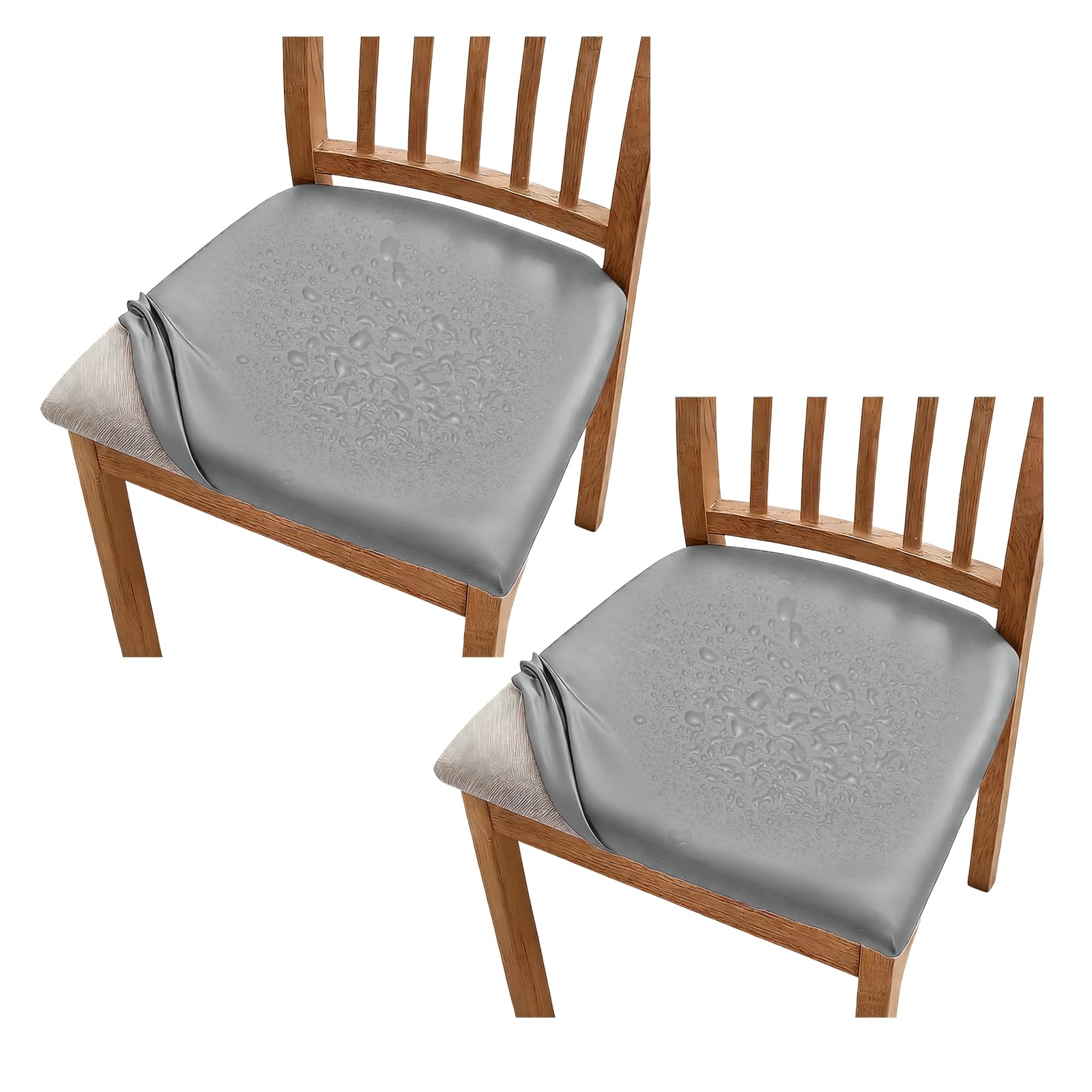 sourcing map 2Pcs PU Leather Covers for Dining Room Chairs, Soft Waterproof Dining Seat Covers Removable Stretch Chair Cushion Slipcovers with Elastic Band for Home, Kitchen(45-56cm, L, Grey)