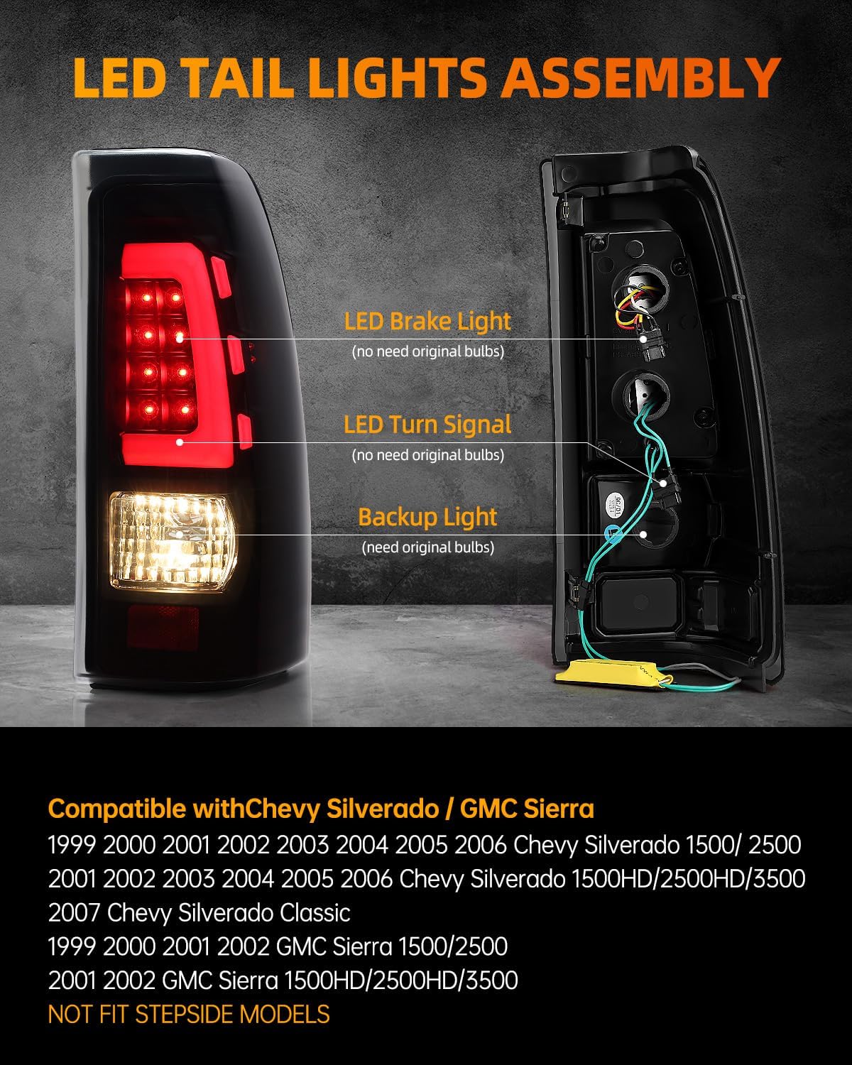 OKLPF LED Tail Lights Compatible With 1999-2006 Chevy Silverado 1500 2500,01-06 Silverado 1500HD 2500HD 3500,99-02 GMC Sierra 1500 2500 3500 Pickup,Replace Smoked Rear Brake Taillights Assembly