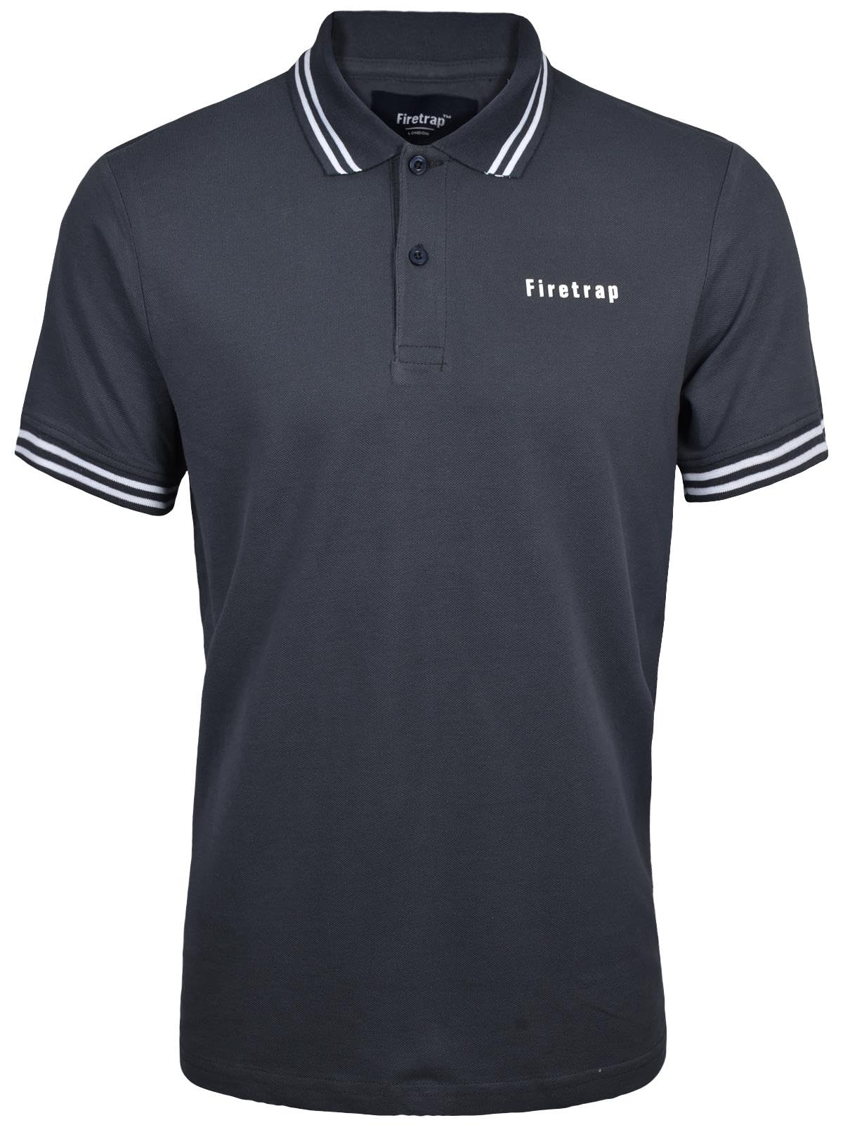 Firetrap Men's Charcoal Polo Shirt Cotton Polos Tshirt Short Sleeve Summer Ribbed Tipping Collar Tshirts Top S