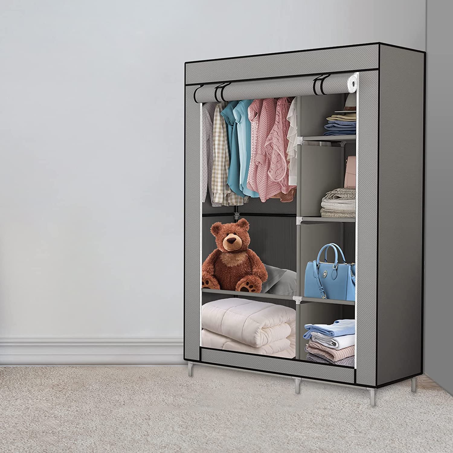 LANTUS Armoire de Rangement Pliable– Penderie Dressing Textile en Tissu Intissé avec Fermeture à Glissière – Garde-Robe Placard Camping(105 * 45 * 170cm-gris foncé)