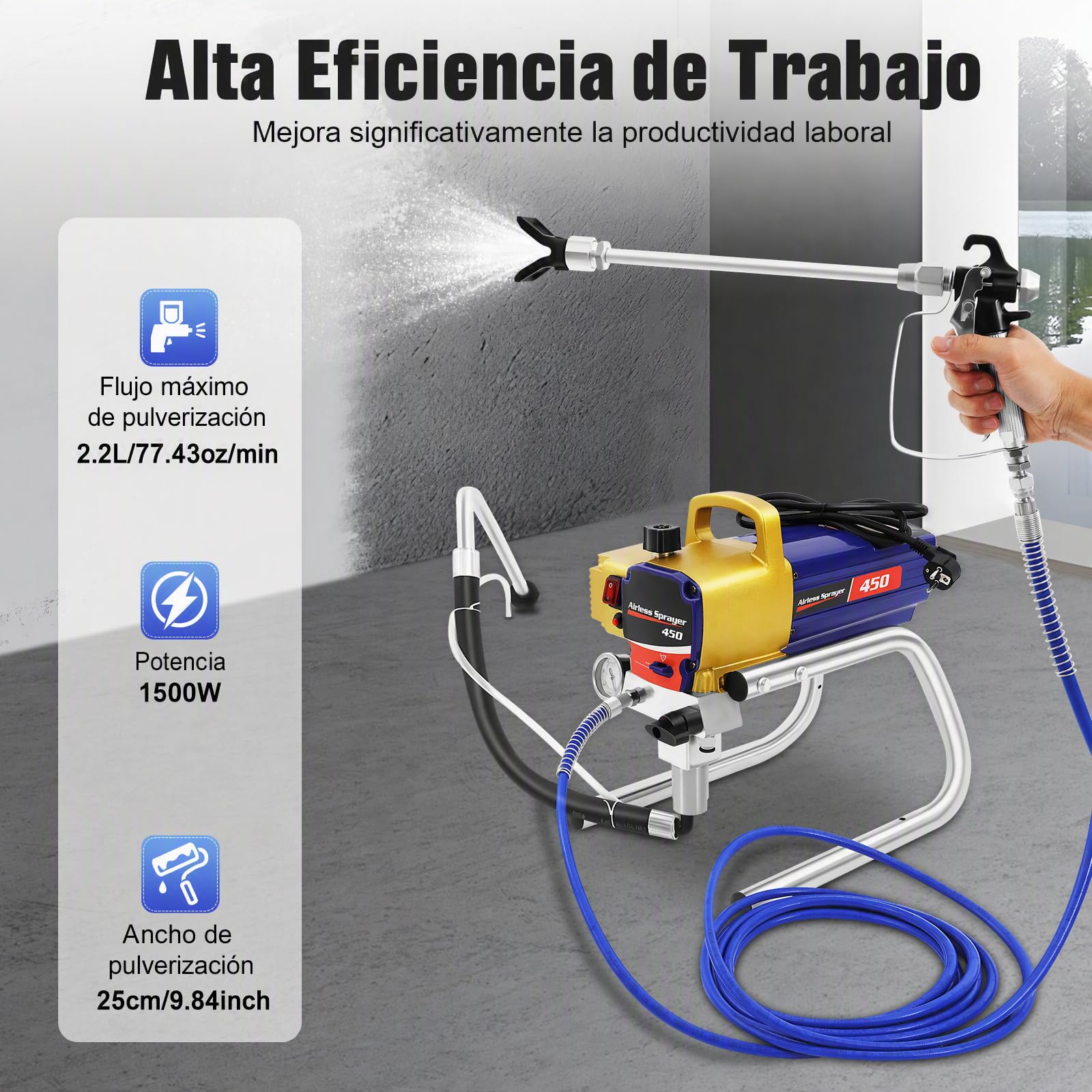 Sistema de pulverización de pintura Airless con manómetro, 1,5 kW, 2,2 L/min, pistola de pulverización sin aire, para interiores y exteriores, pulverizador de pintura portátil de acero