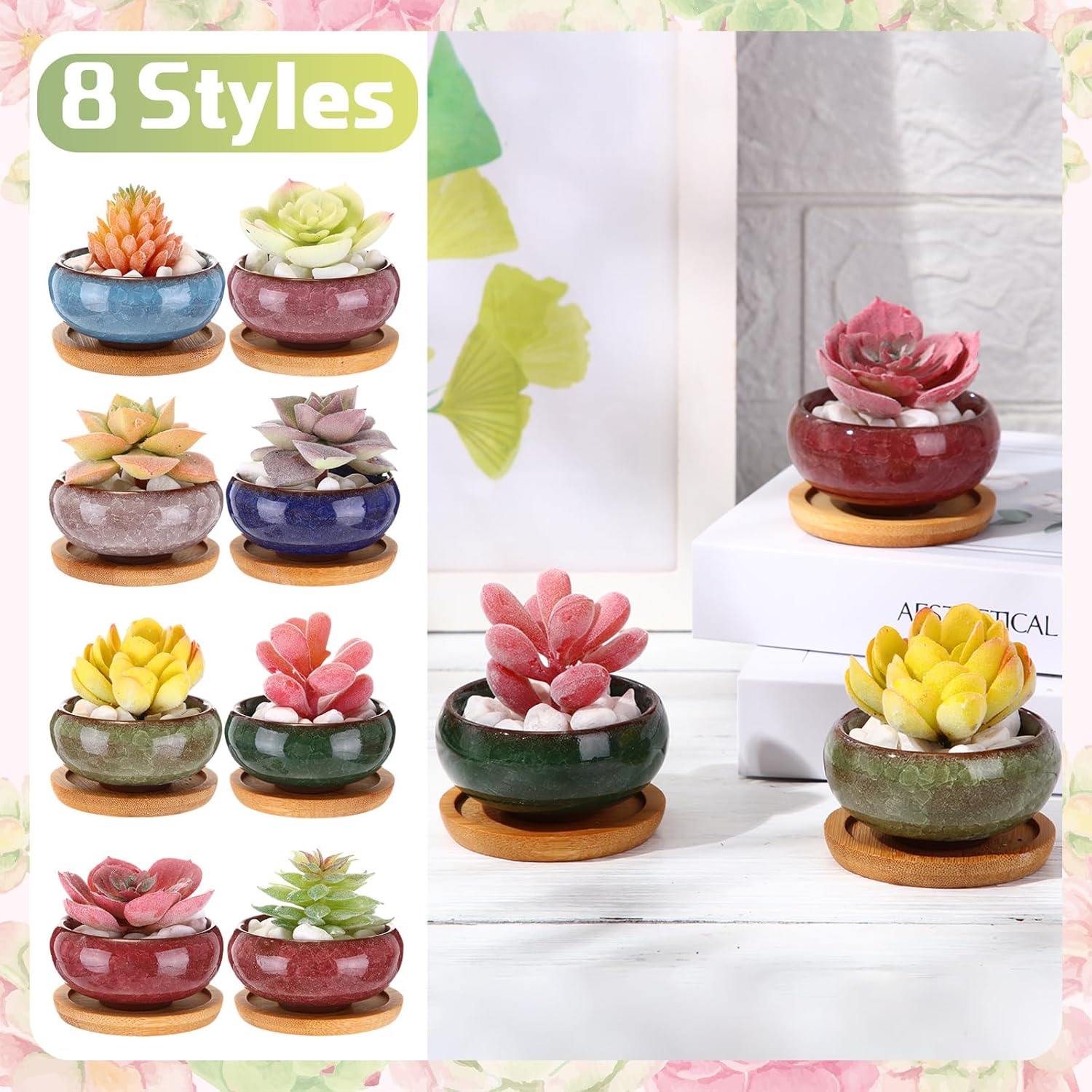 12 Pcs Small Succulent Pots with Drainage - 2.5 Inch Mini Ceramic Cactus Planters with Bamboo Saucers, 8 Colors Ice Crack Glaze Flower Pots for Plants, Home Office Desk Decor