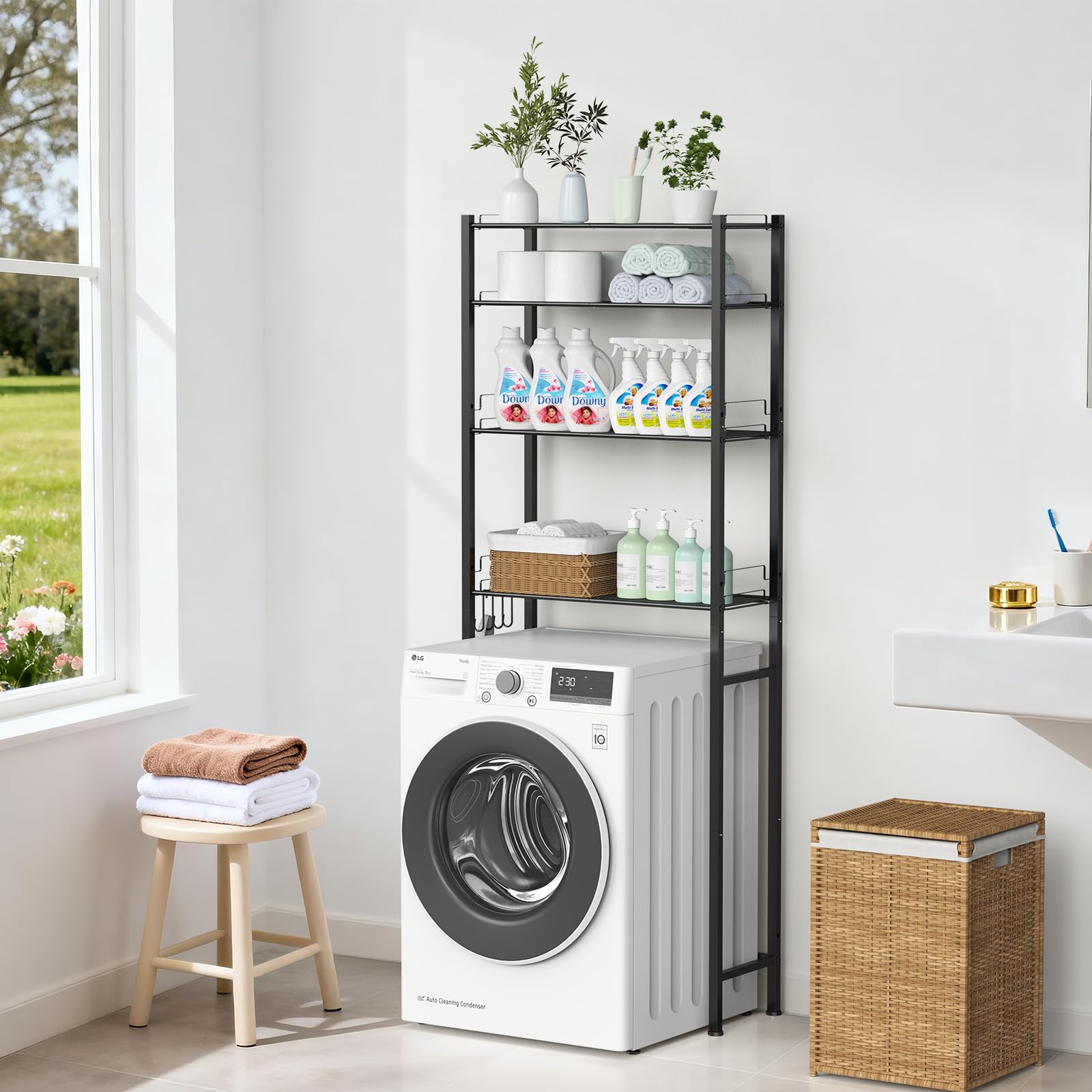 OUTWOLF Waschmaschinenregal Waschmaschinenschrank Überbauschrank ohne Bohren 4 Ebenen Badezimmerregal, Hochkohlenstoffstahl Toilettenregal, Platzsparender Badezimmerträger, Schwarz