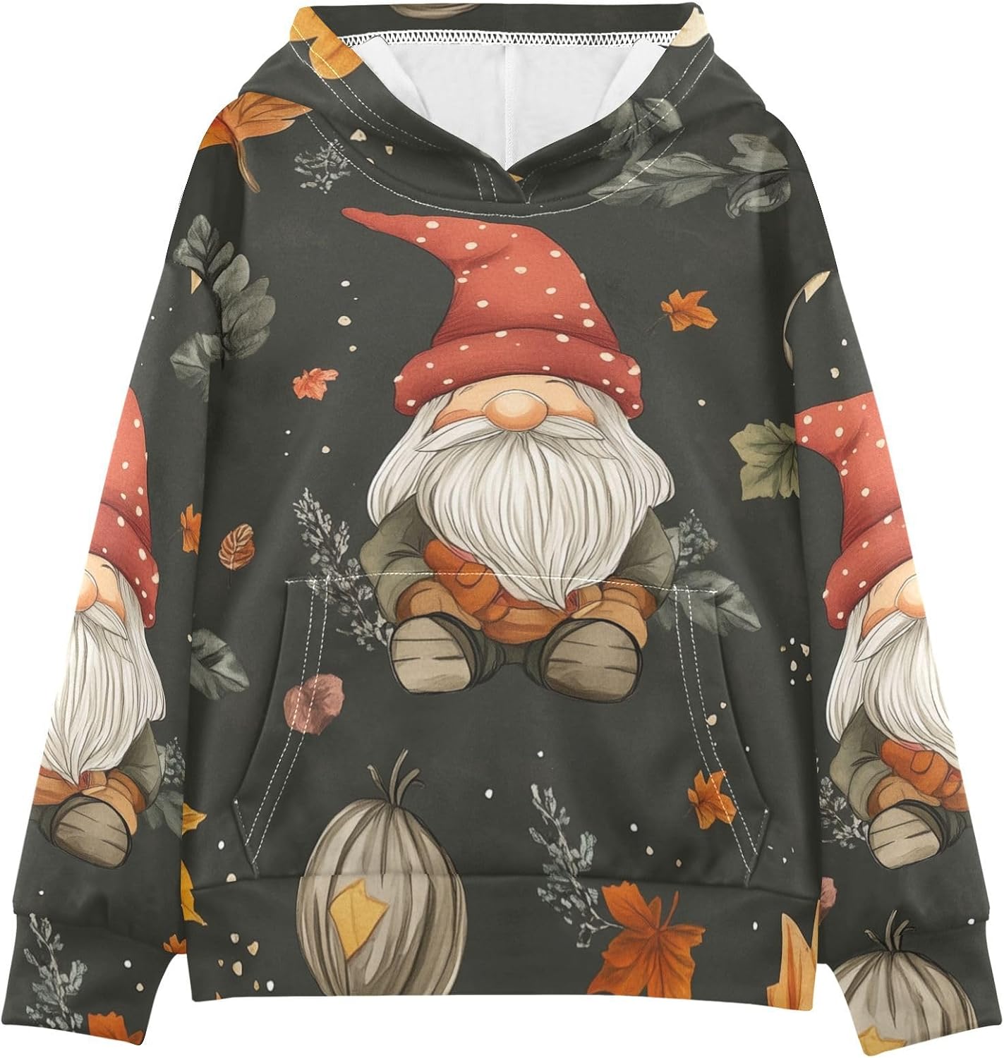 ZZXXB Gnome Maple Leaf Kids Sweatshirts Boys Girls Hooded Kangaroo Pocket Pullover Tops XS-XXL