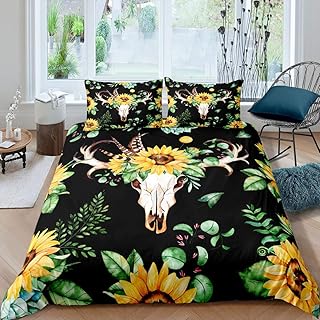 Feelyou Cow Skull Bedding Set Twin Size Sunflower Yellow Flowers Duvet Cover Set with Pillowcase Botanical Floral Leaves Comforter Cover Boho Tribal Quilt Cover 2 Piece Cattle/Bull Skeleton Decor