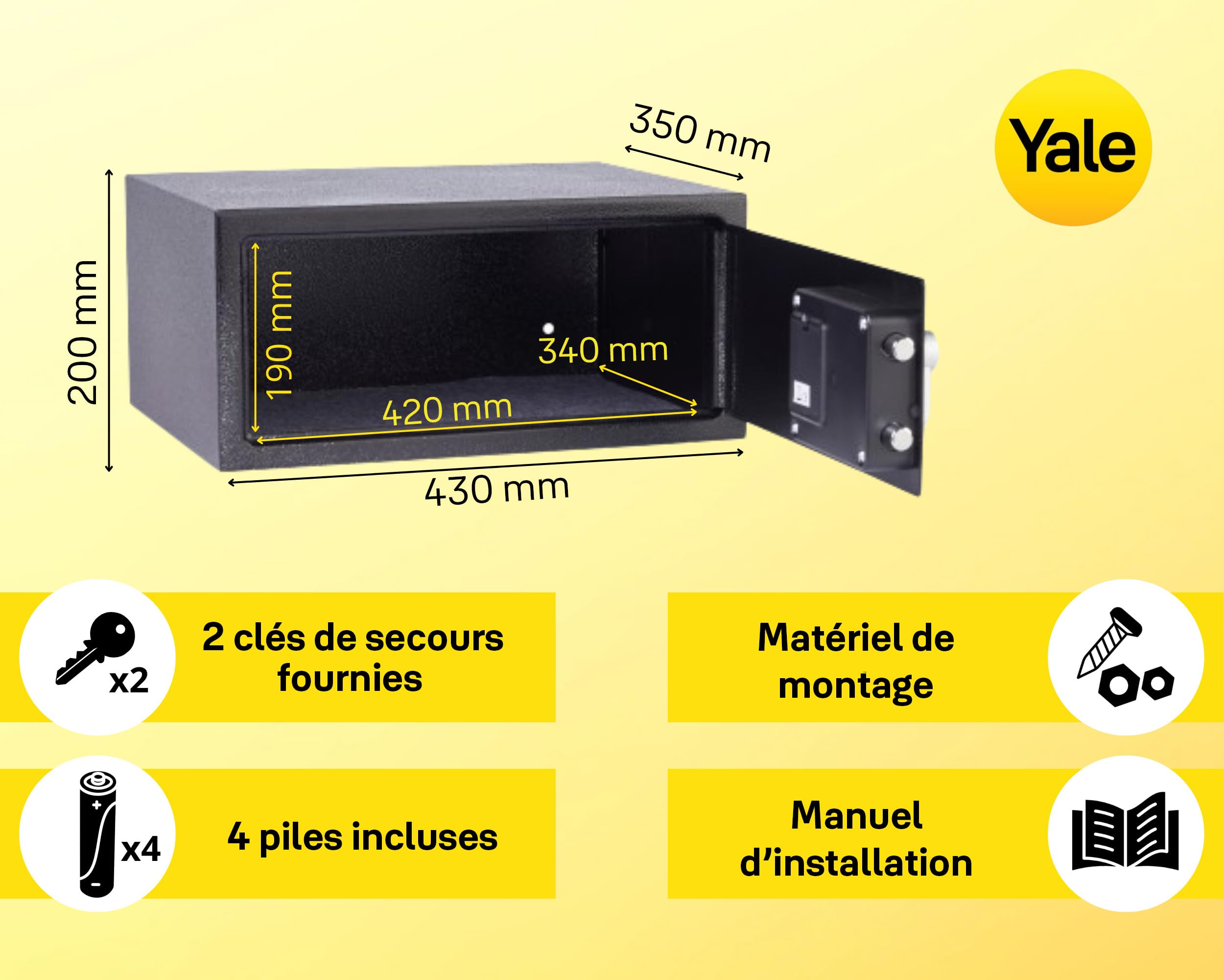 Yale Coffre-fort Électronique - Format Ordinateur 24L - Serrure 100 000 combinaisons, verrou électronique code 3 à 8 chiffres - dimensions 20x43x35cm YLV/200/DB2