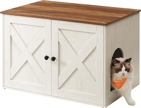 Feandrea Cat Litter Box Enclosure، Litter Box Furniture Hidden، Indoor Cat House، End Table، 27.6 x 19.7 x 19.7 Inches، Rustic White and Honey Brown UPCL022K02