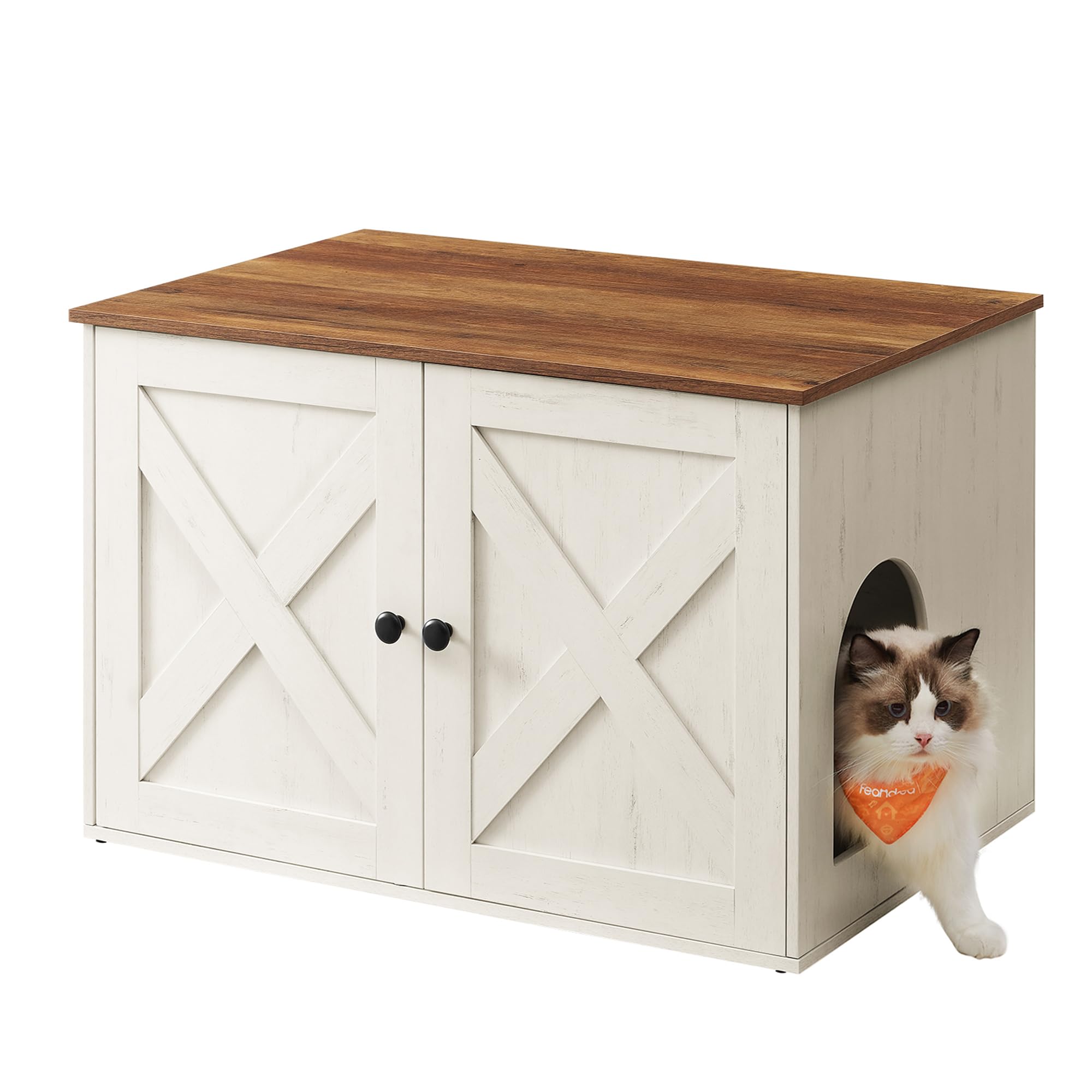 Feandrea Cat Litter Box Enclosure, Litter Box Furniture Hidden, Indoor Cat House, End Table, 27.6 x 19.7 x 19.7 Inches, Rustic White and Honey Brown U