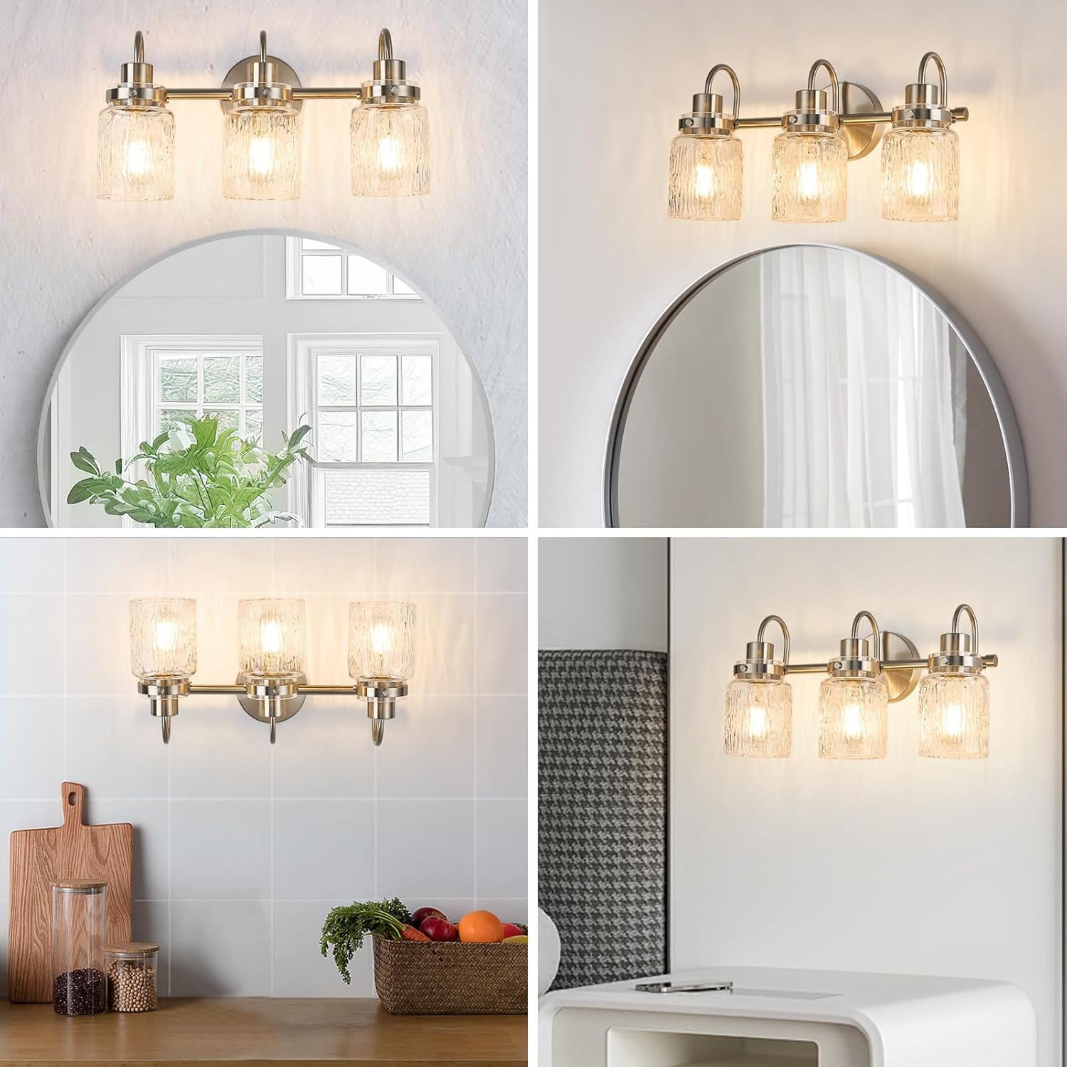 3 Lights Bathroom Vanity Light, Brushed Nickel Bathroom Light Fixtures with Hammered Glass Lampshade for Dressing Table,Over Mirror,Hallway
