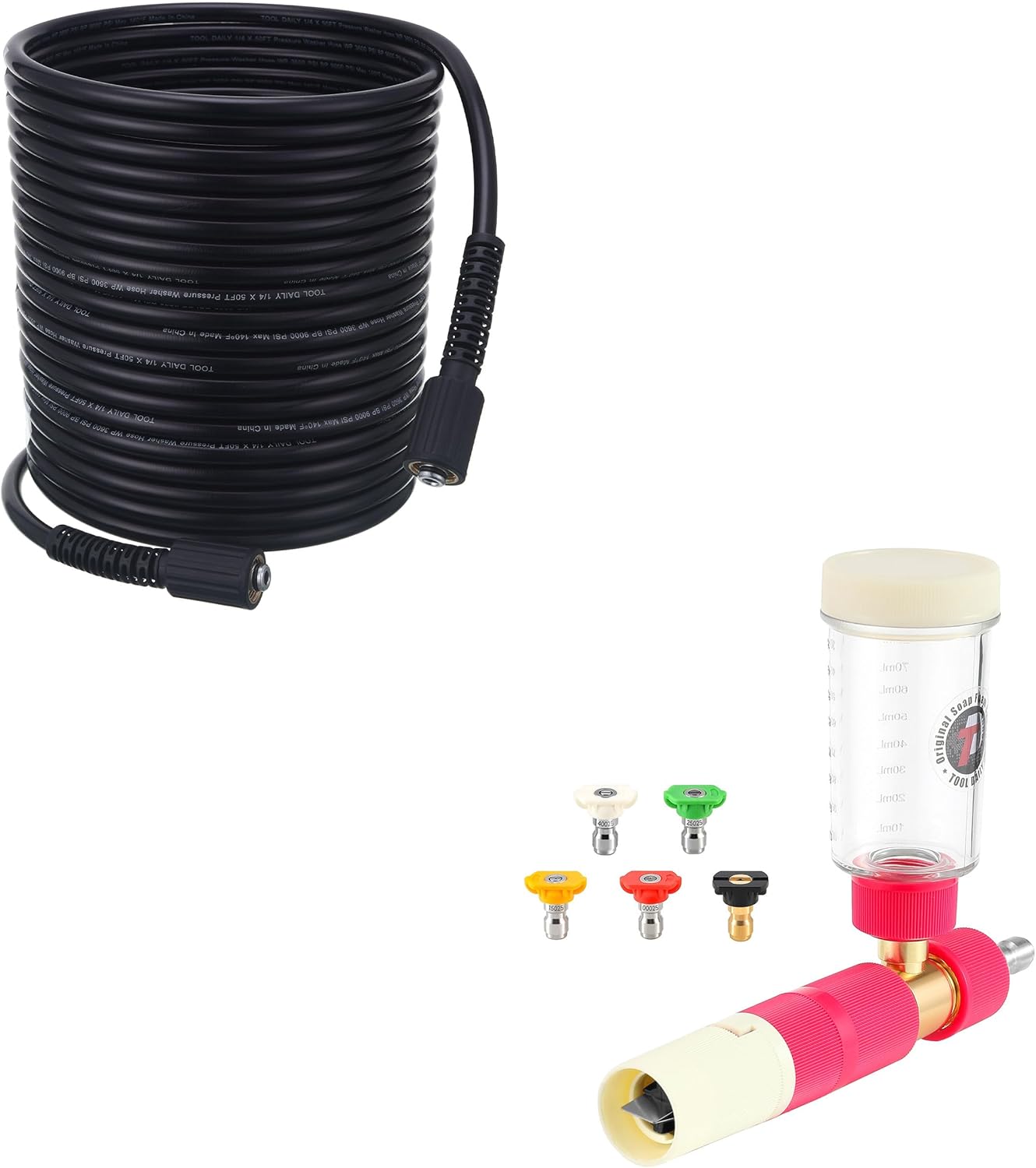 Tool Daily High Pressure Washer Hose 50 FT X 1/4 Inch, Foam Cannon for Pressure Washer