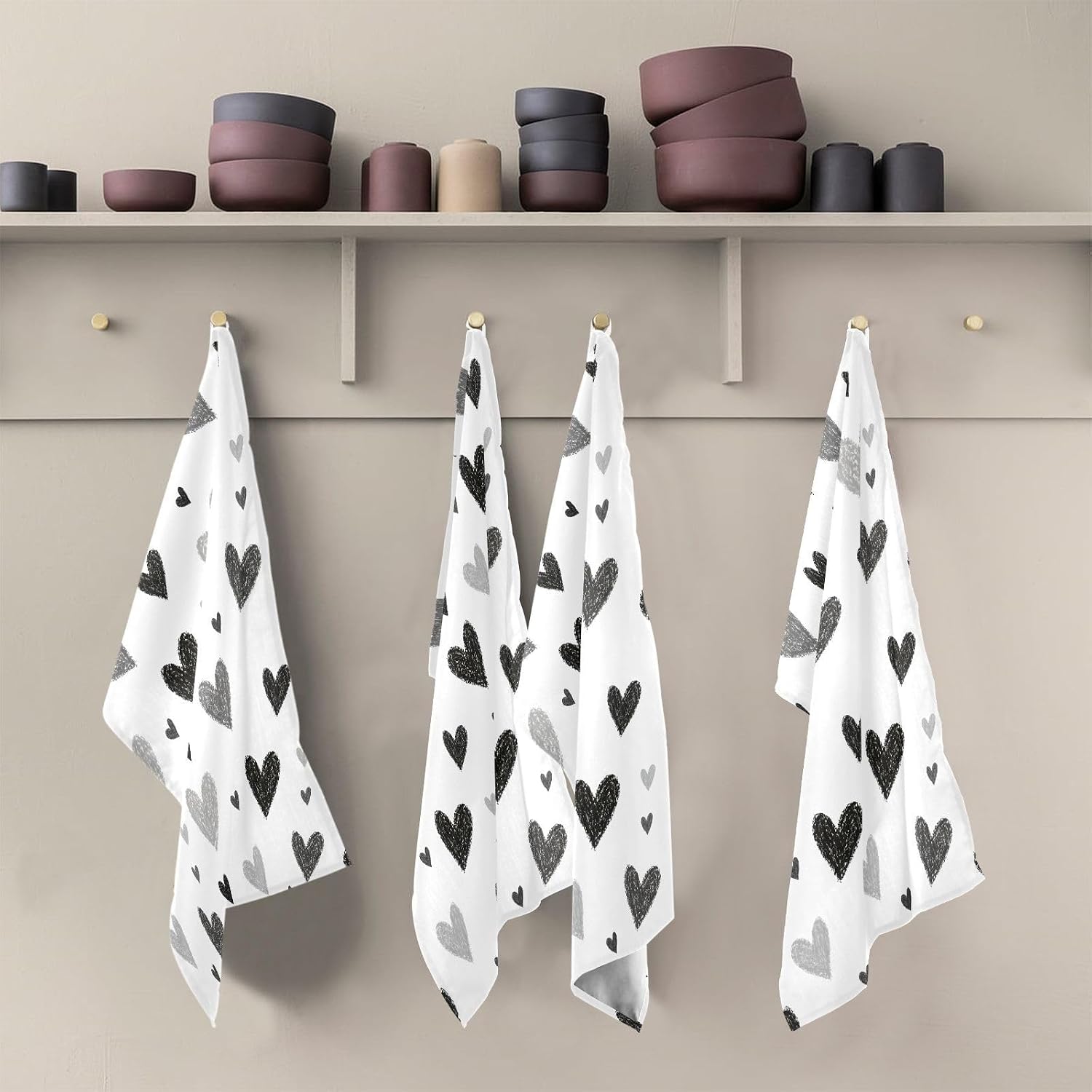 Black and White Heart Kitchen Towels Set of 6, Soft Absorbent Quick Drying and Reusable Dish Towels for Kitchen, Bathroom and Home Decor, 18 x 28 in