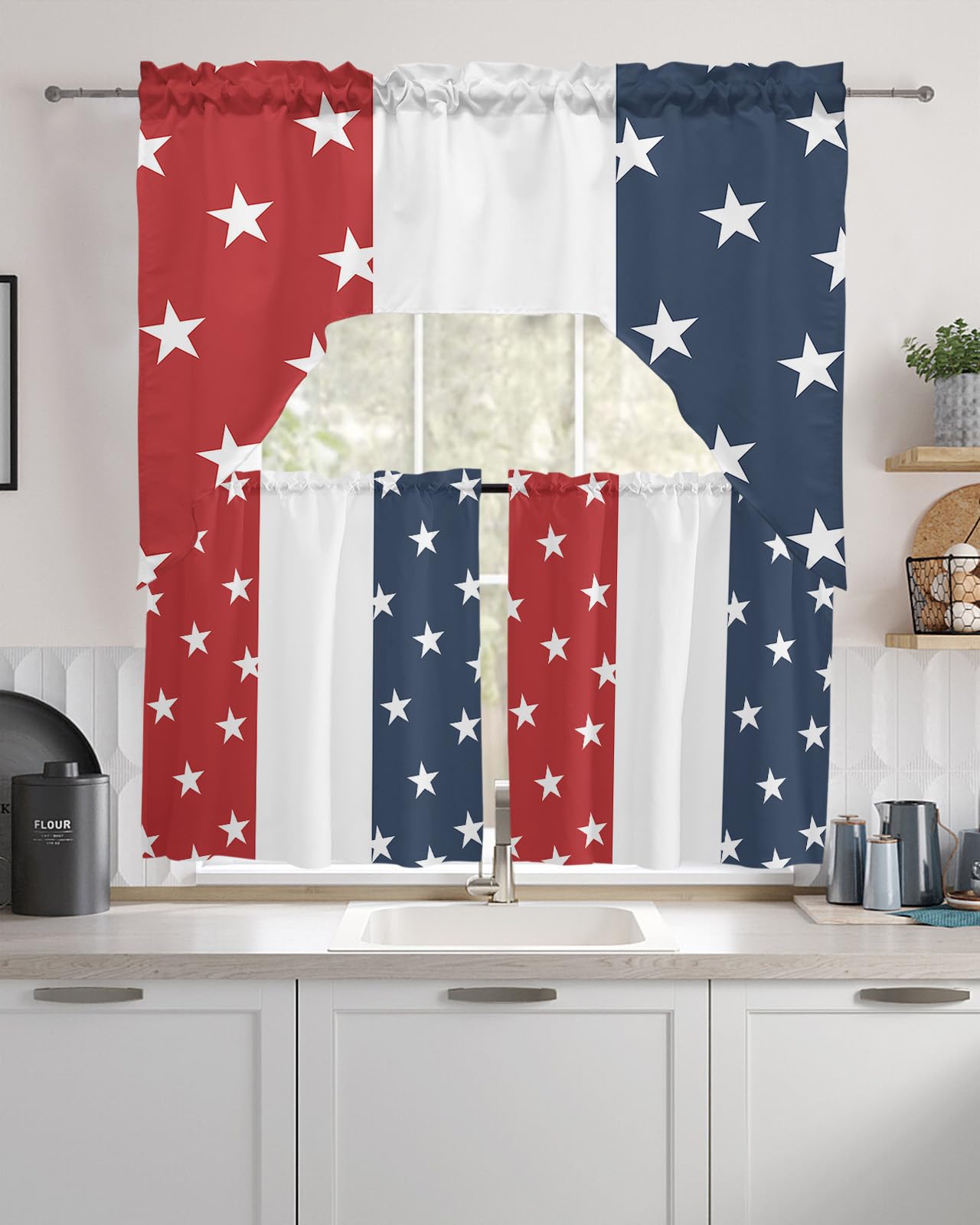 Stars Stripes Swag Kitchen Curtain Sets with Valance, 3 Pieces Rod Pocket Curtain Drapes for Bedroom Living Room Bathroom Cafe Windows, Independence Day Red Blue White 56''x36'' & 36''x27.5''x2Panels