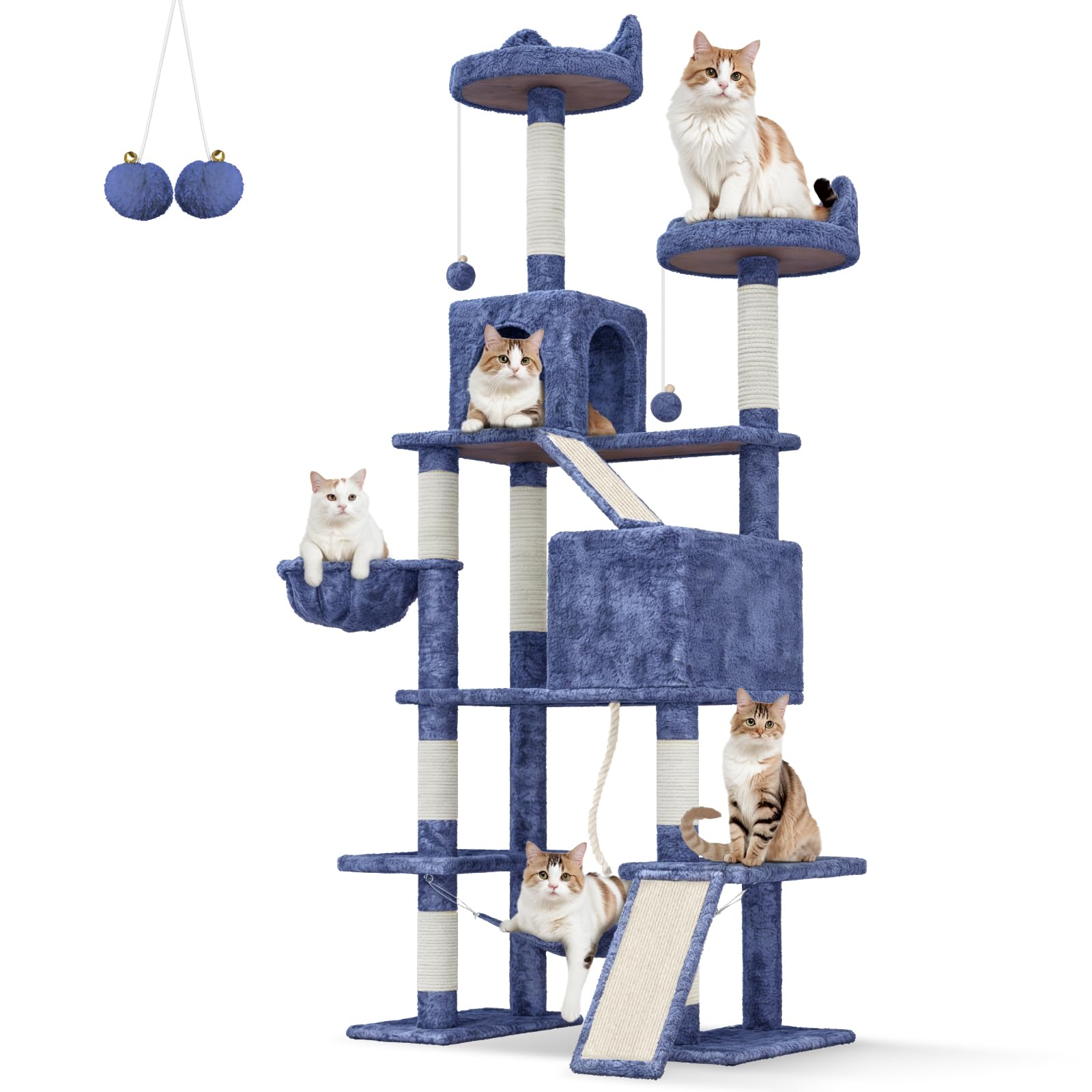 TRIUMPHKEY Alberi per Gatti,209cm Grande Alberi Tiragraffi con Cuccia per Gatti,Tiragraffi Gatto Stabile Multilivello,Alberi per Attività per Gatti con Palo in Sisal, Amaca (blu chiaro)