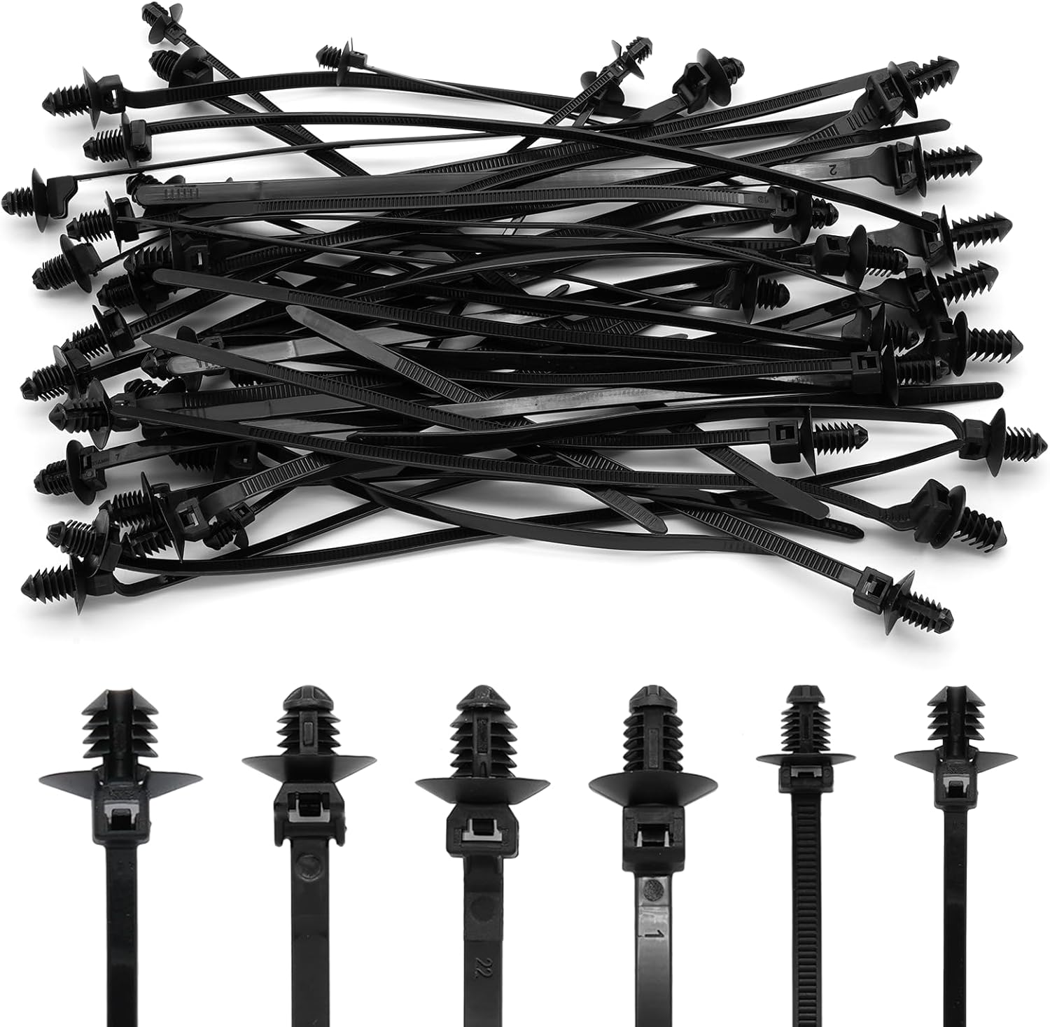 120 Pcs Push Mount Cable Ties Assorted Sizes, Black Nylon Push Mount Zip Ties Wire Harness Clips, 6-Types Snap in Zip Ties Self Locking Automotive Wire Ties for Wire Tying, Automotive