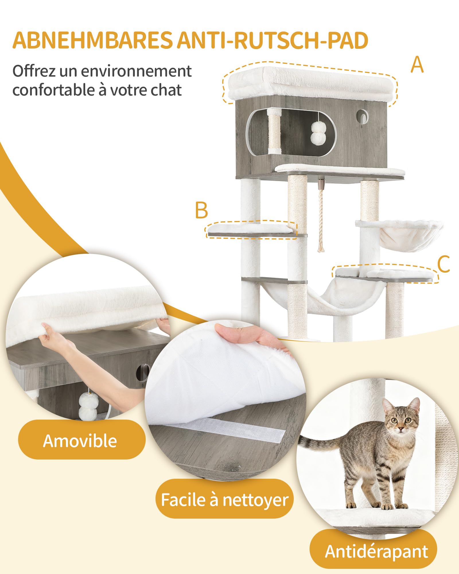 Hzuaneri Arbre à Chat avec Meuble Litiere Chat, Hauteur 176 cm, Grège | Mangeoire, avec Grande Plateforme, Corde en Sisal, Hamac, Coussin Lavable, Balles en Peluche, CB89105WT