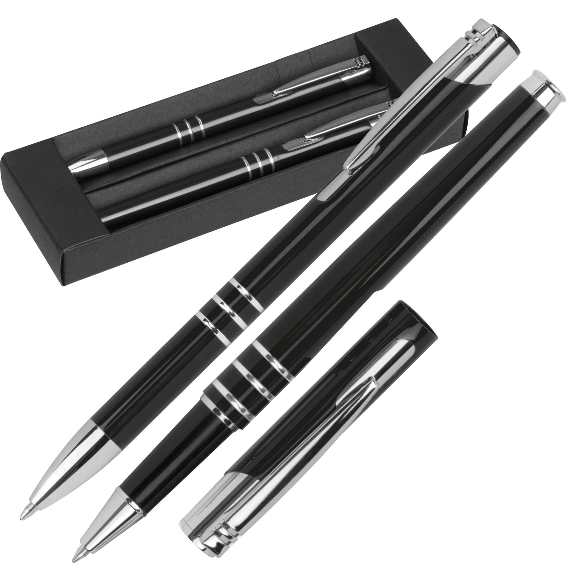 50x Hochwertiges Metall-Schreibset – Kugelschreiber & Rollerball mit blau schreibender Mine – Elegantes Design im schwarzen Etui – Erhältlich in Blau, Rot, Schwarz & Weiß